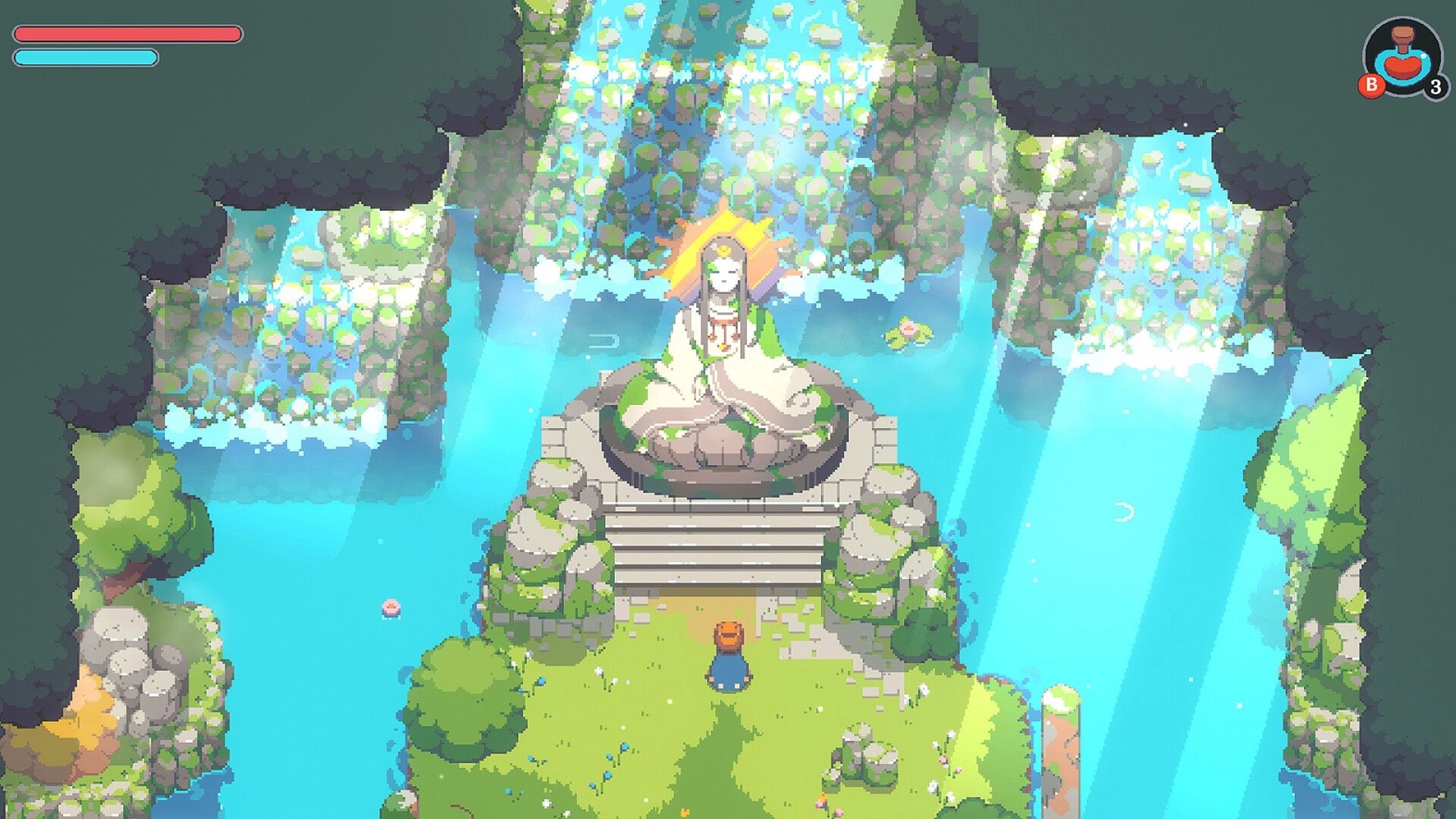 Kloa: Player faces a seated forest spirit statue on stone steps in a bright waterfall grotto.