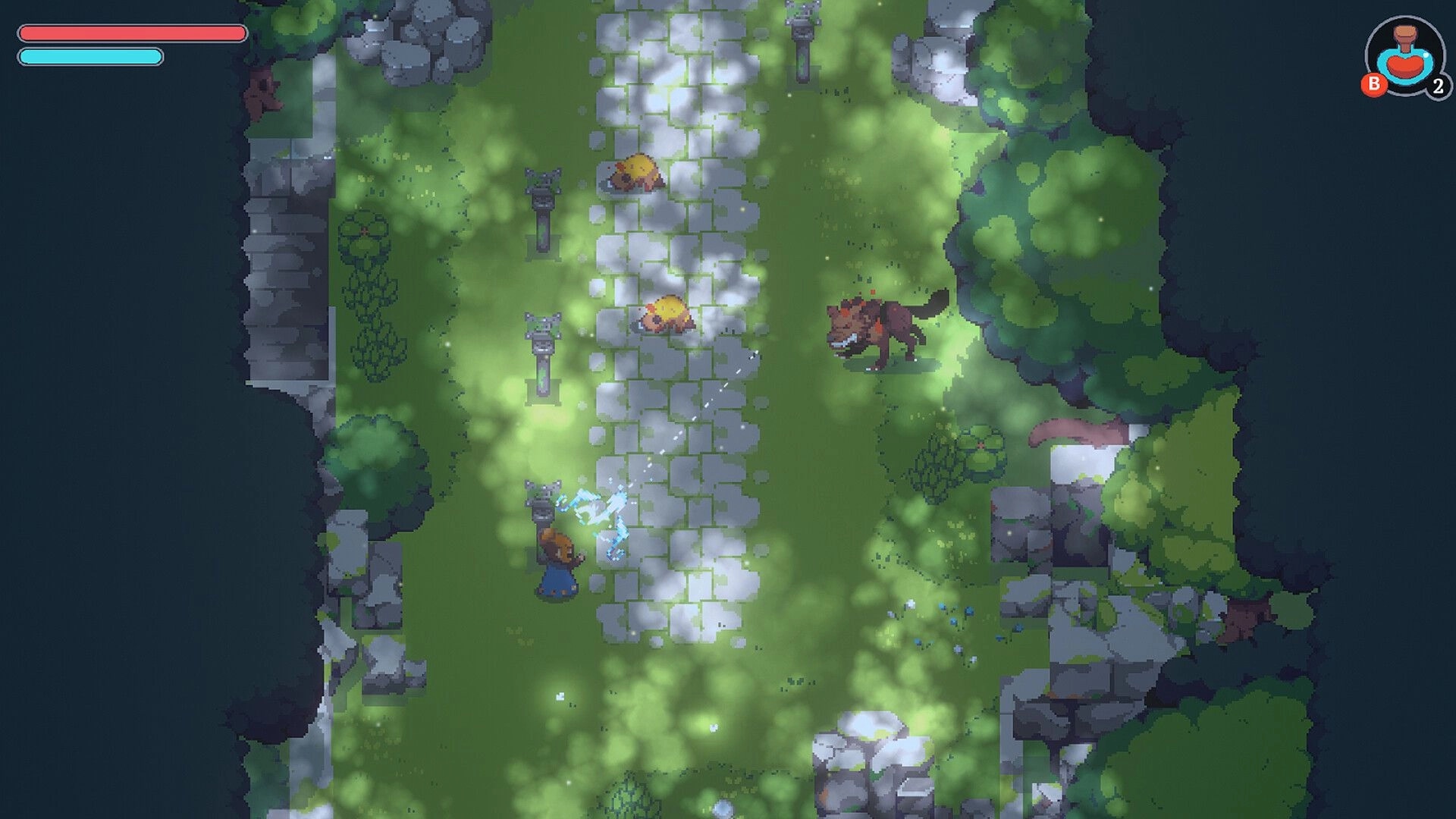 Kloa: Hero casts icy spell at stone totems as a wolf prowls beside a forest path clearing.