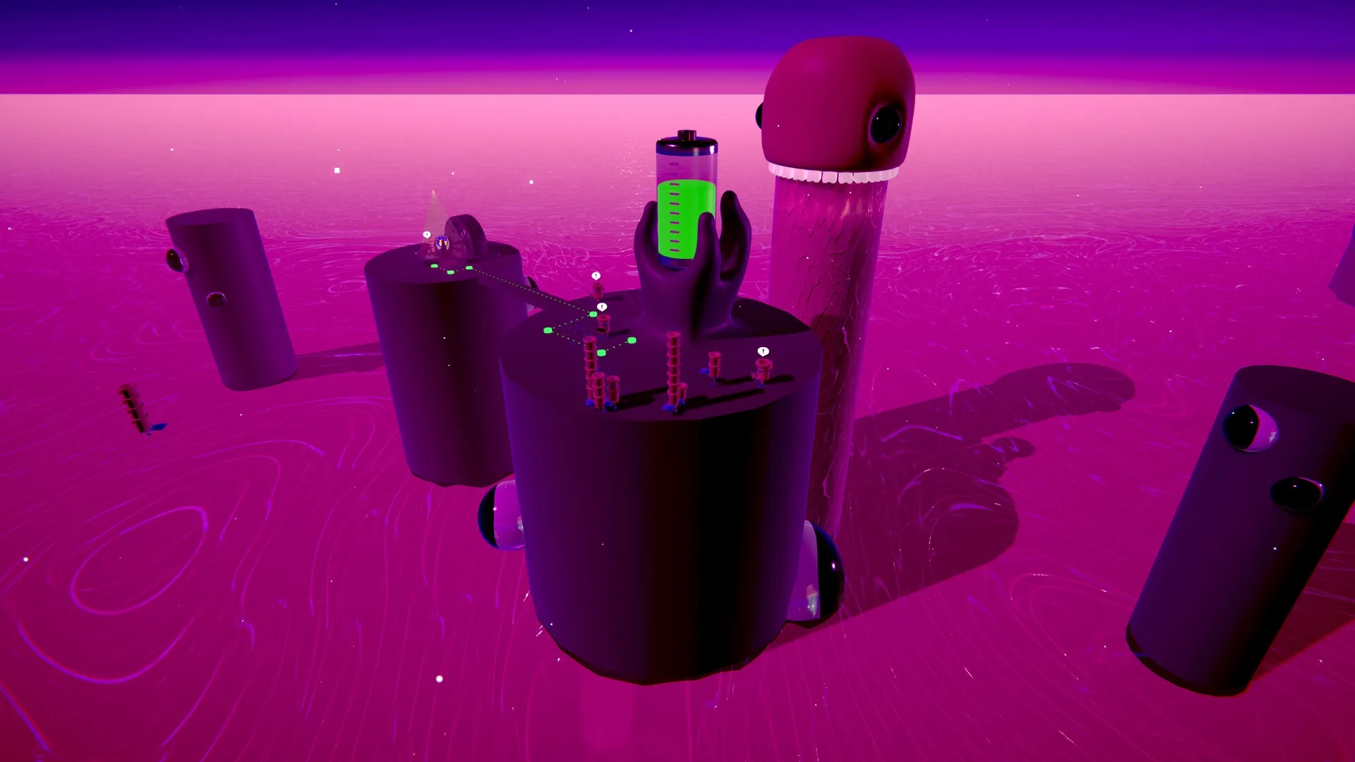 Kloppyssimo: Tower-top puzzle with battery and creatures in a vibrant, surreal magenta landscape