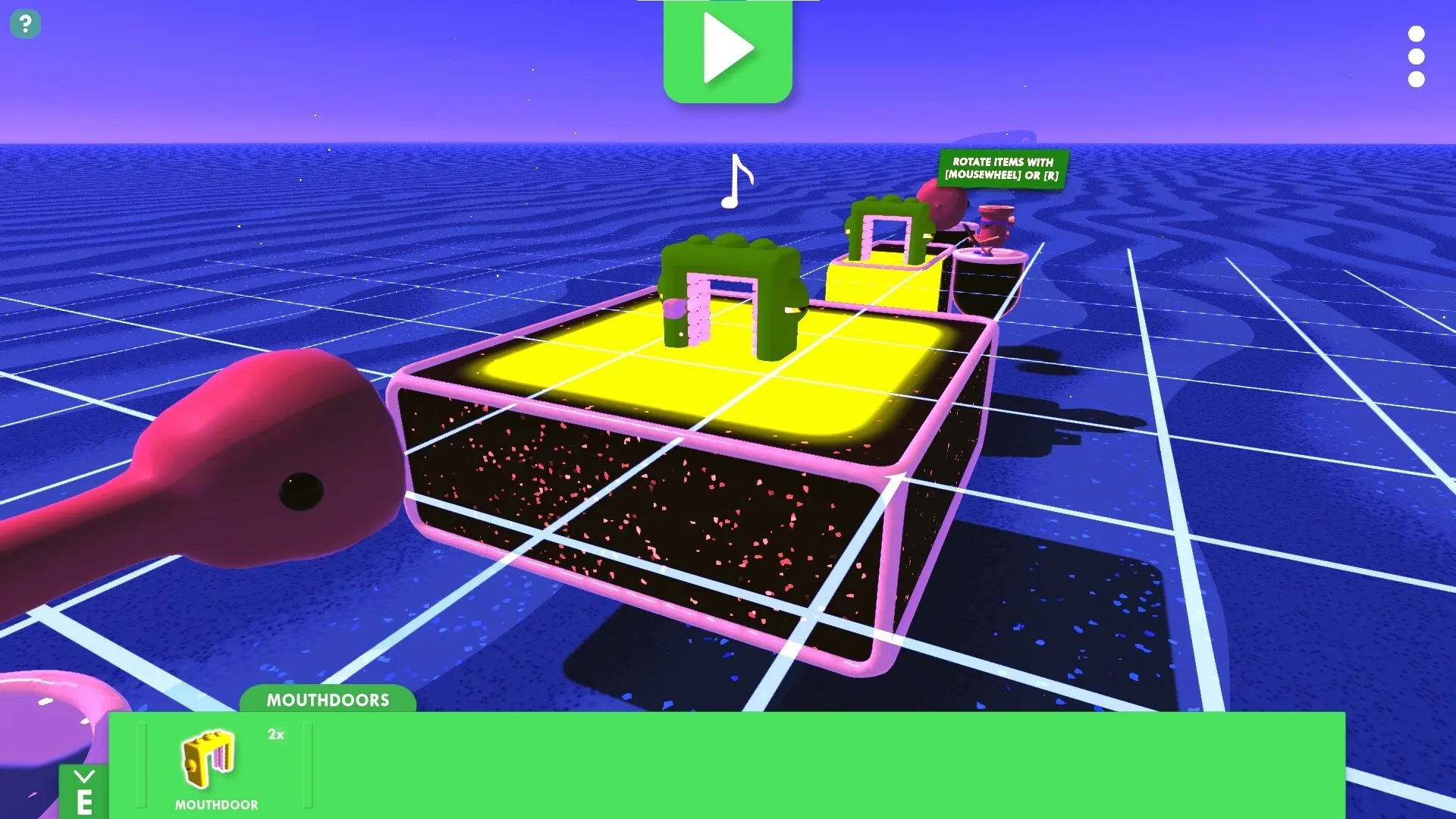 Kloppyssimo: Puzzle platform with yellow tiles and arches in a grid-like ocean environment