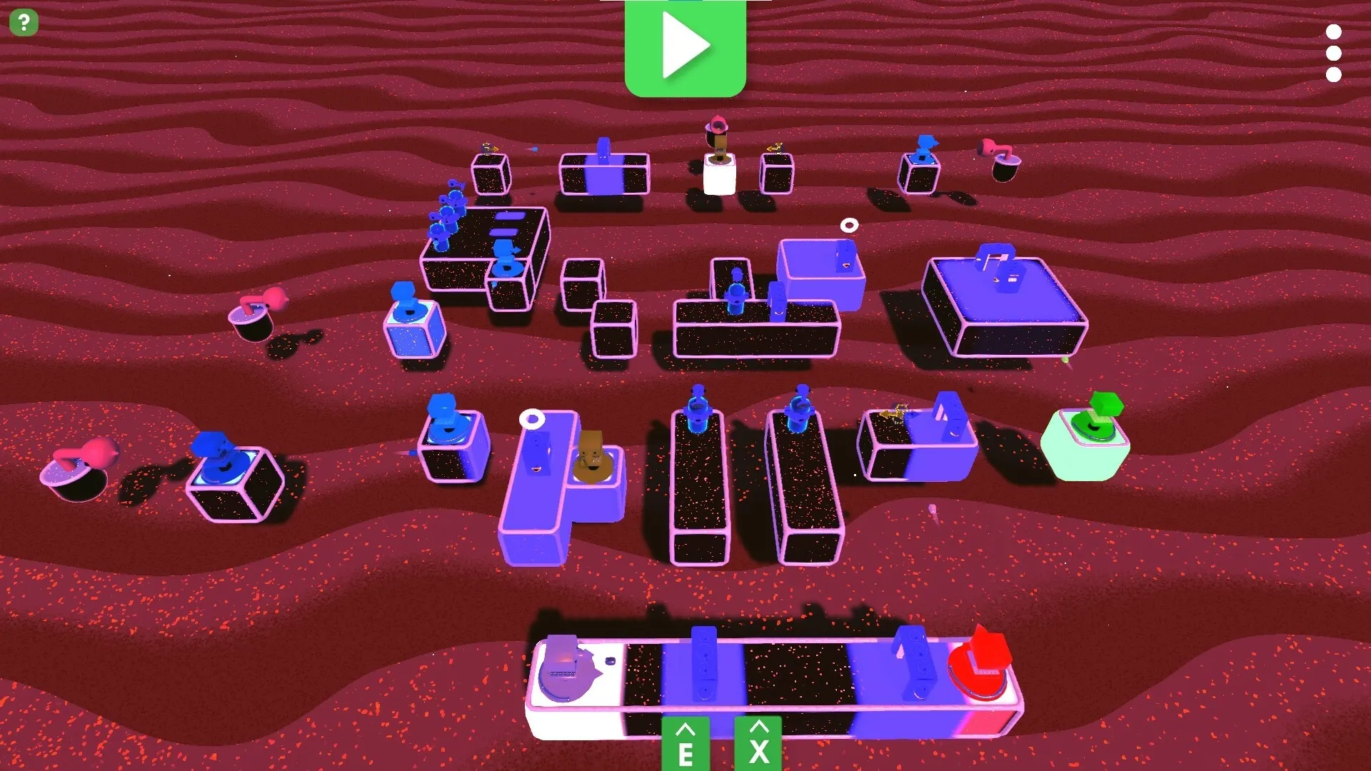 Kloppyssimo: Puzzle-solving with colorful blocks and musical elements in a vibrant, abstract red landscape.