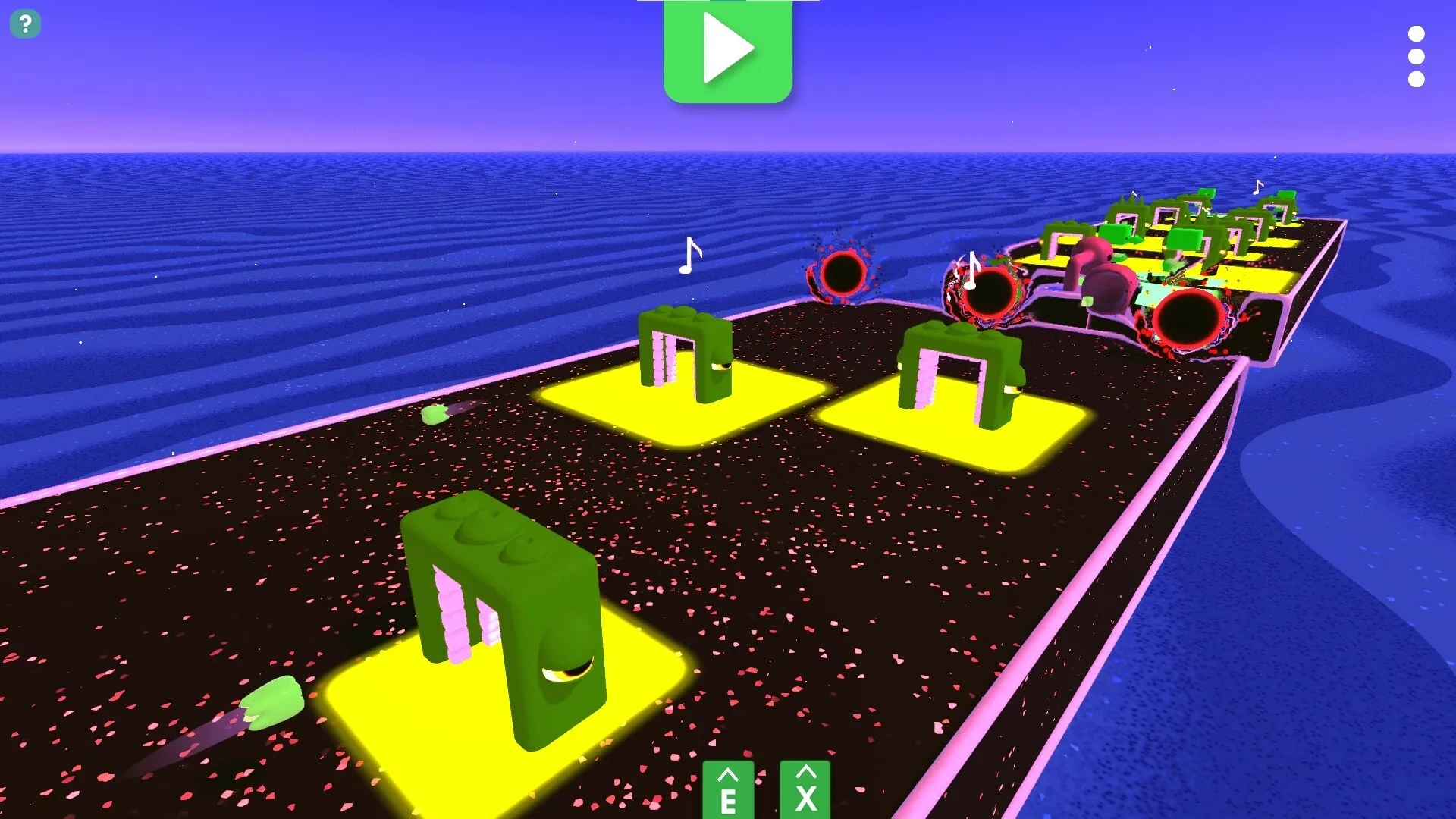 Kloppyssimo: Green blocks on glowing yellow tiles in a rhythmic puzzle path over a vast blue ocean.