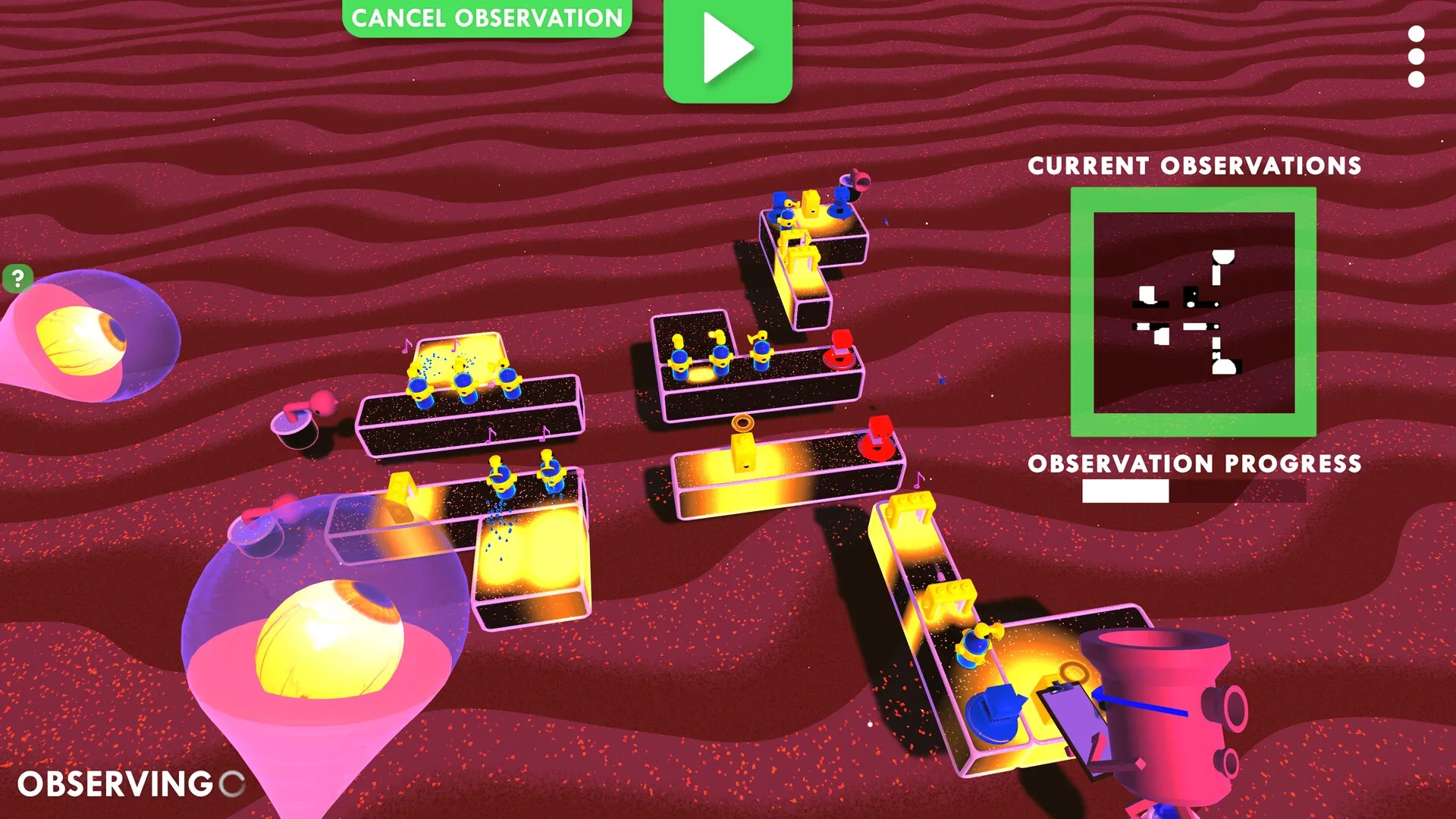 Kloppyssimo: Observing musical puzzle blocks in a vibrant, abstract landscape with UI elements visible