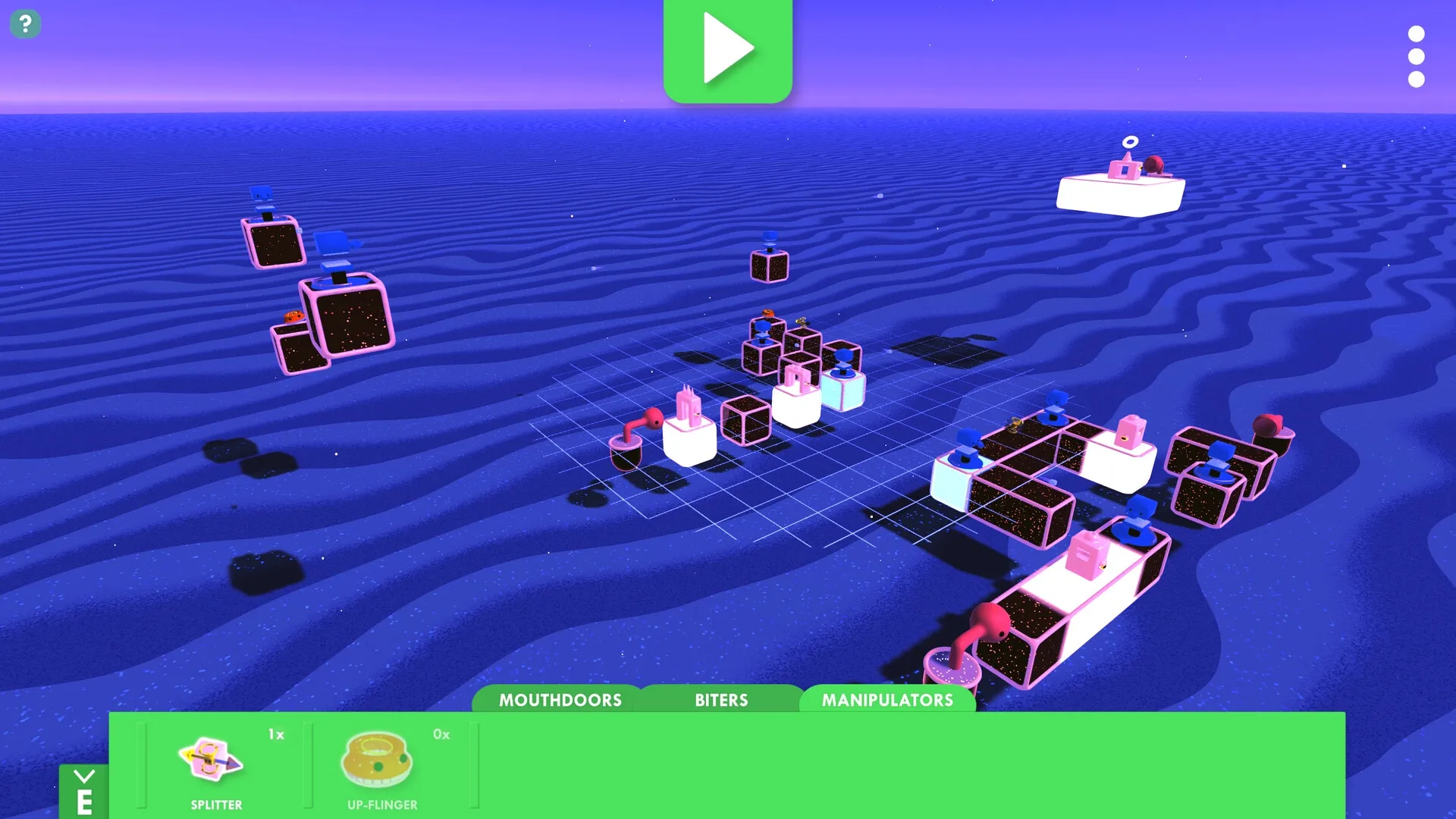 Kloppyssimo: Puzzle grid with colorful blocks and manipulators on a wavy blue landscape.