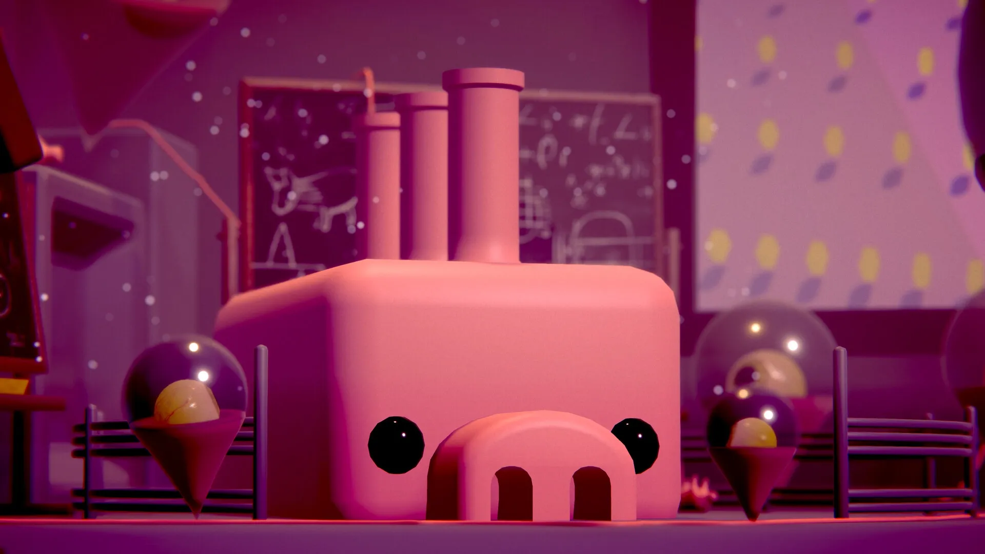 Kloppyssimo: Pink pig-shaped building with smokestacks, surrounded by spheres and chalkboard in classroom