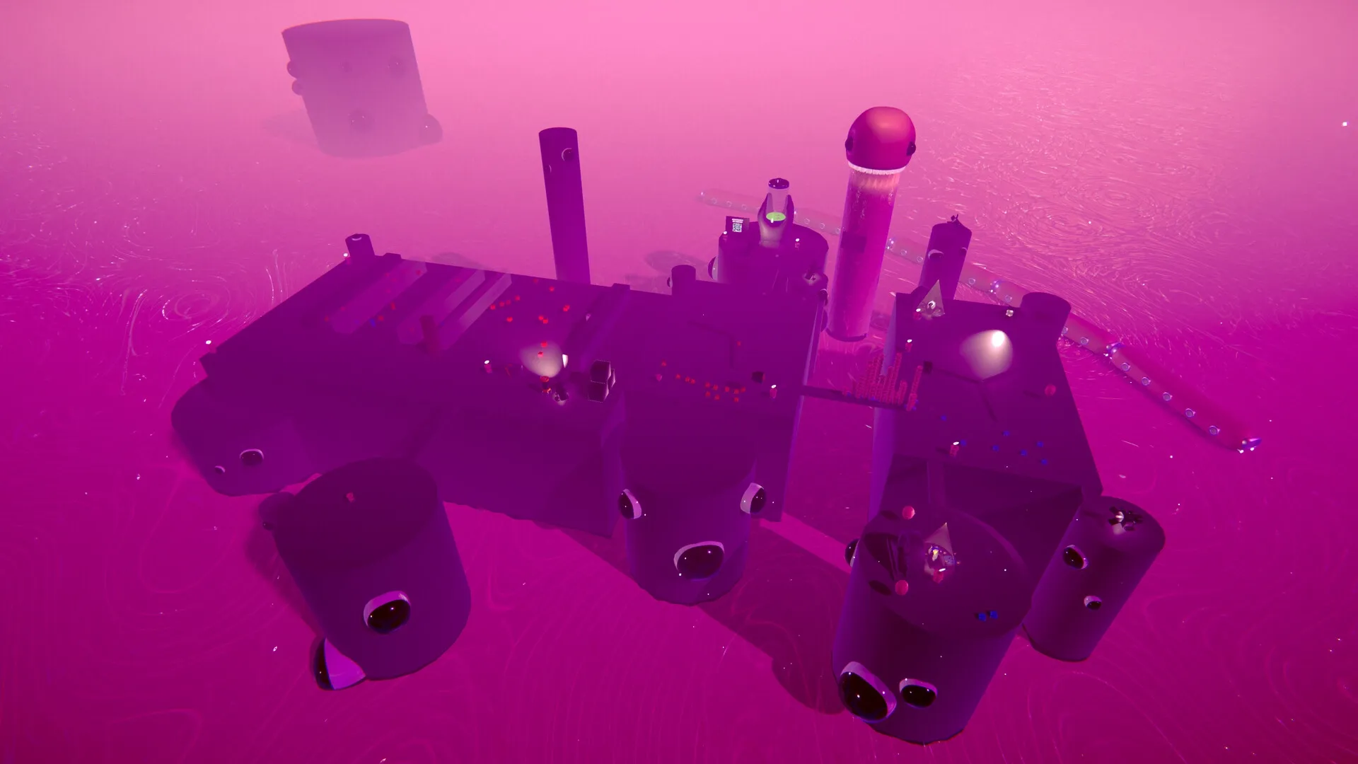 Kloppyssimo: Overhead view of a surreal, purple-toned landscape with cylindrical structures and glowing lights