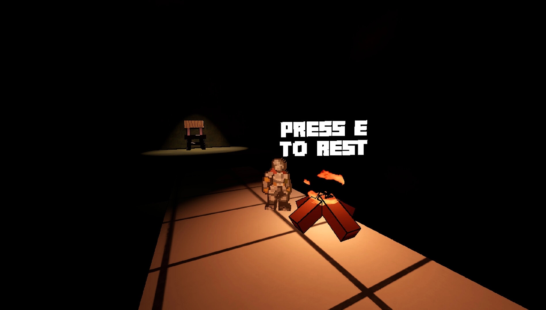 Knight Jump: Knight stands by a campfire in a dark dungeon with a prompt to press E to rest visible.