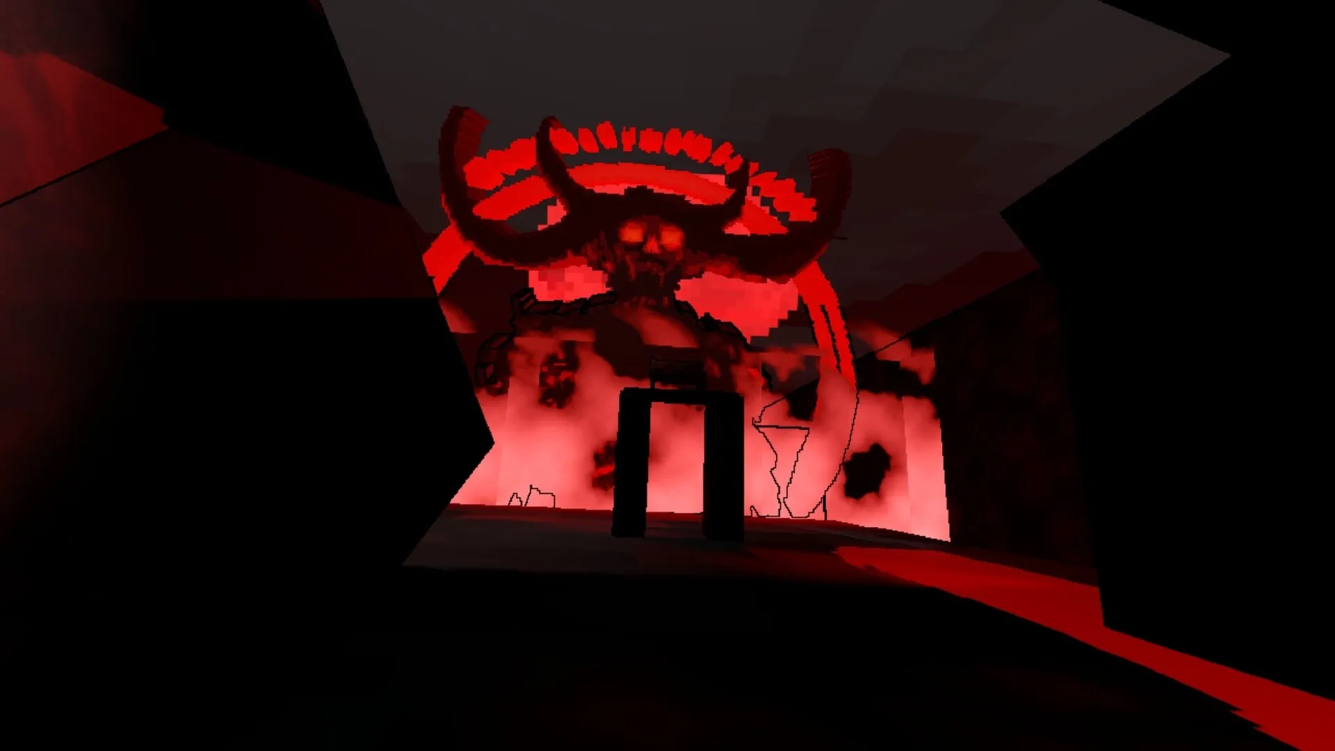 Knight Jump: Giant red demon with glowing eyes looms in a dark, smoky hellish cavern environment