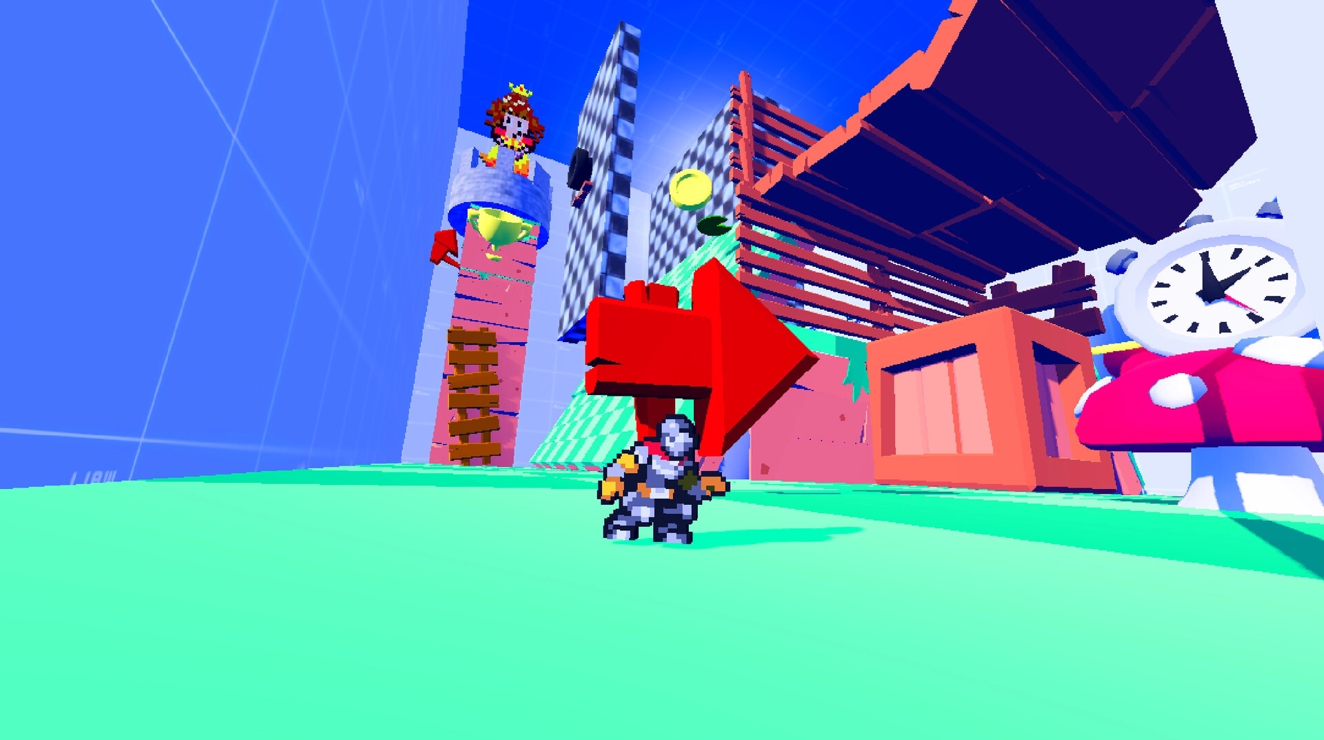 Knight Jump: Knight standing on green platform with red arrow, crates, and clock in colorful maze.