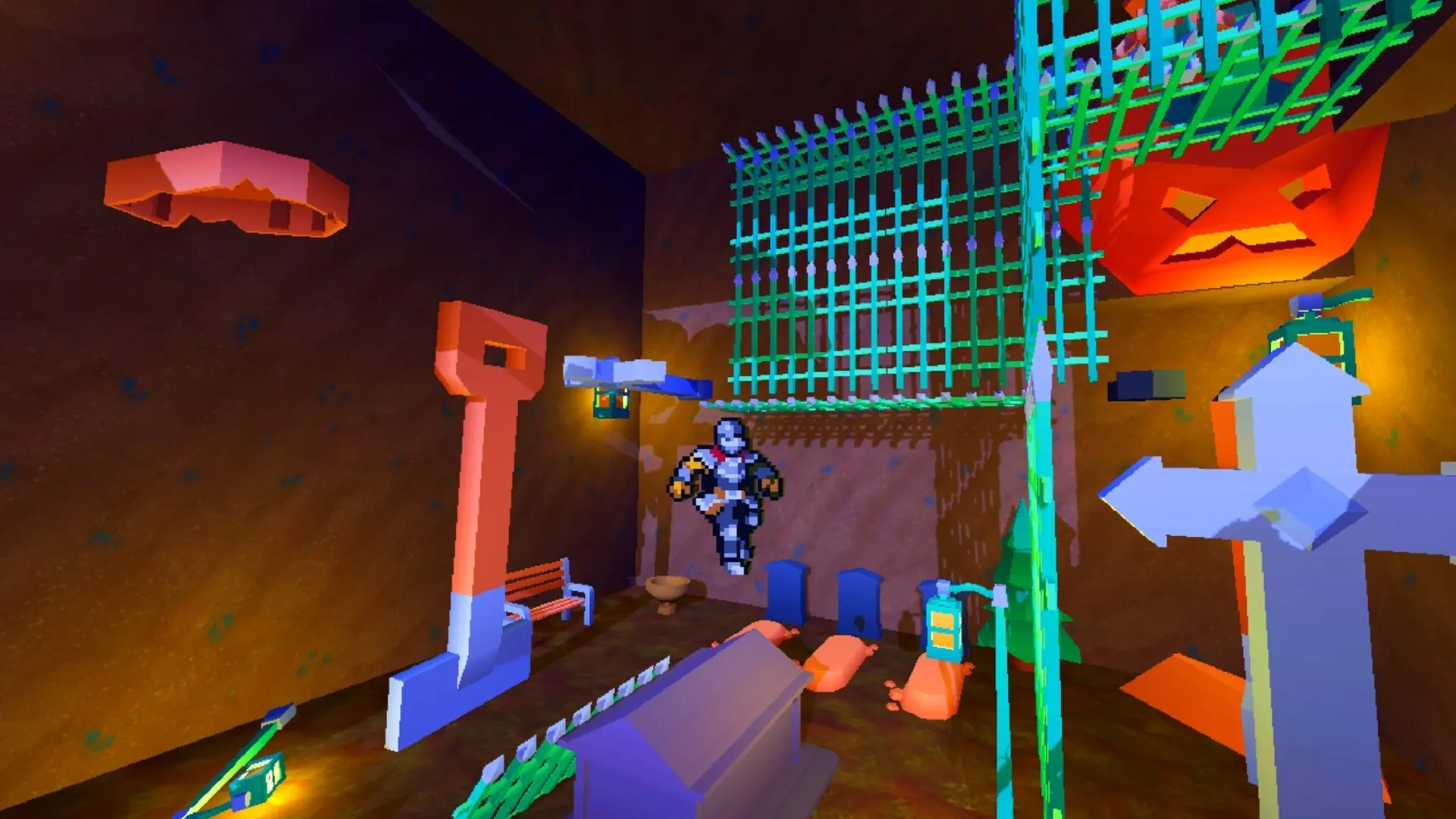 Knight Jump: Knight leaping in a dungeon with oversized tools and eerie objects scattered around