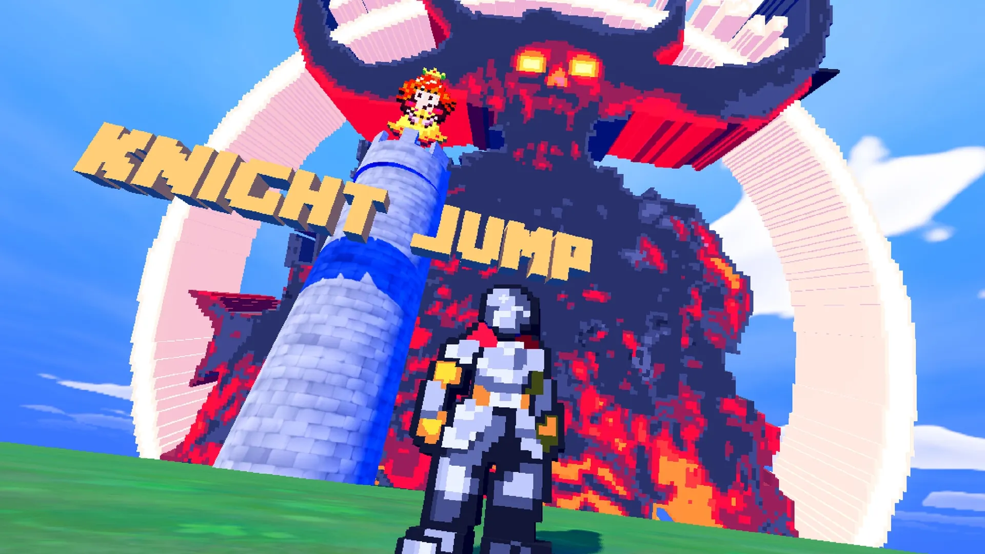 Knight Jump: Pixelated knight faces giant demon in fiery landscape with princess atop tower.