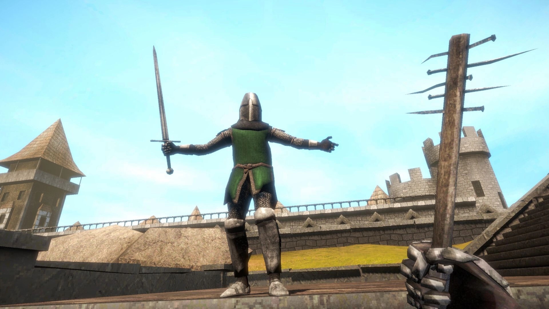 KNIGHTCORE: Armored knight raises sword with arms spread in castle courtyard, first-person view hand visible.