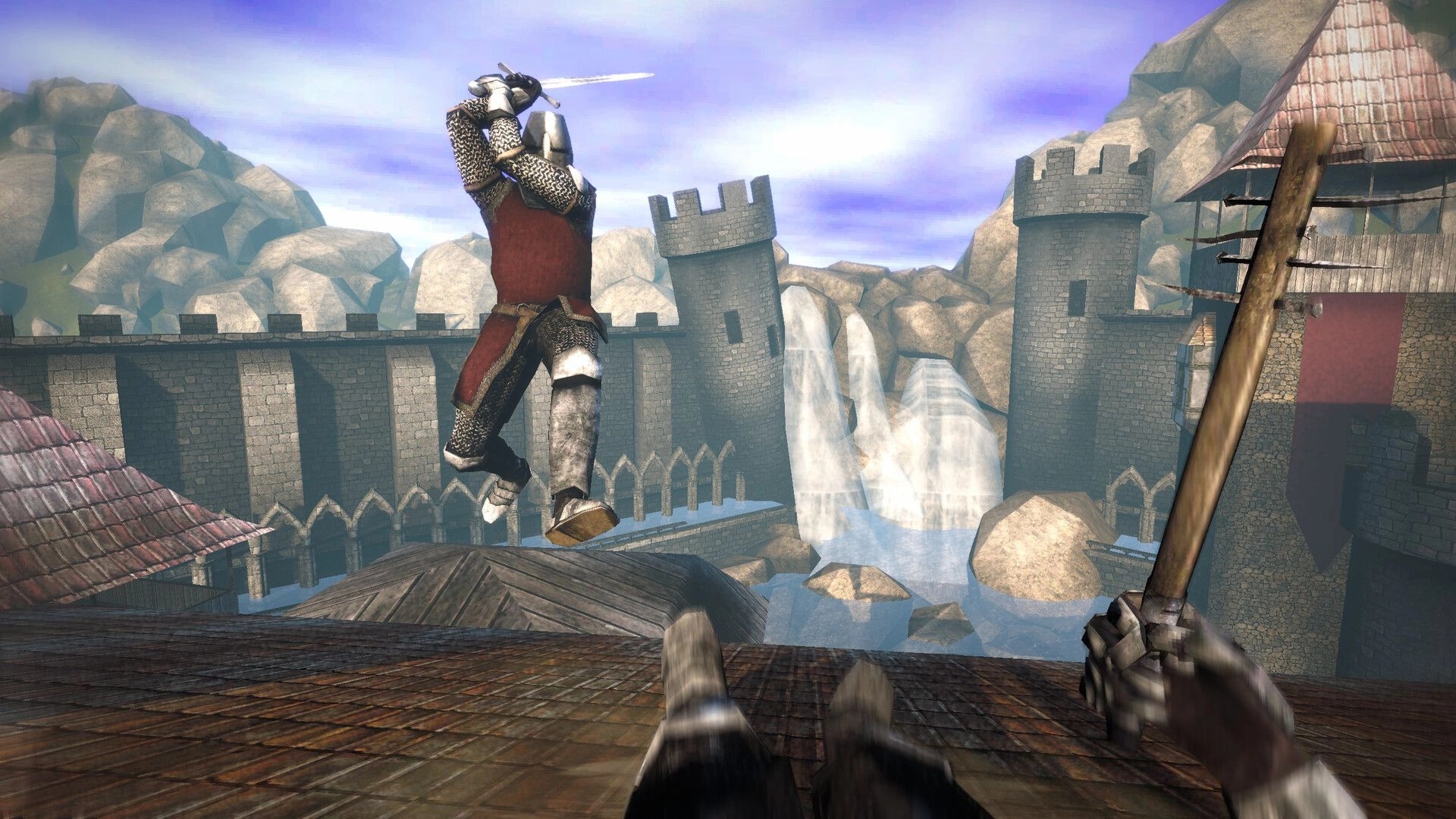 KNIGHTCORE: First-person duel as an armored knight leaps to strike on castle rooftops by waterfalls.