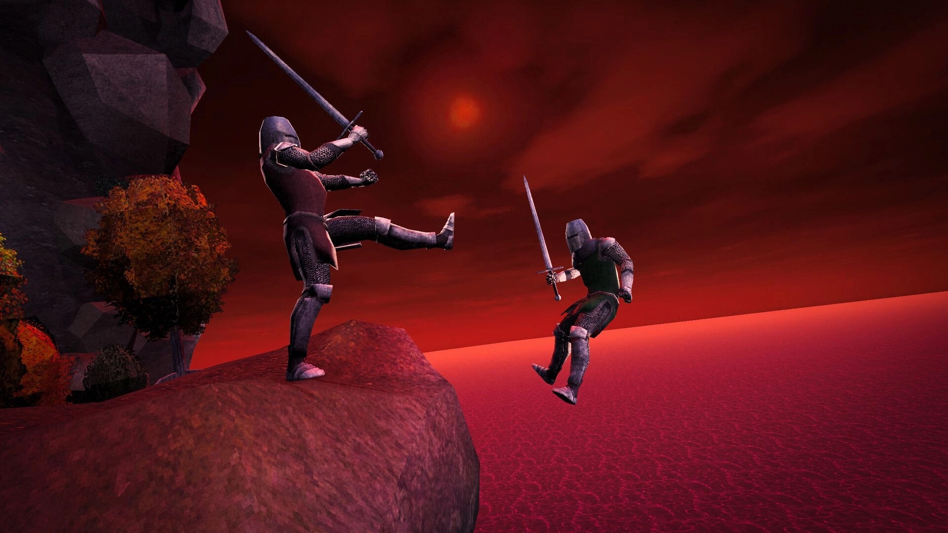 KNIGHTCORE: Armored swordsman kicks an opponent off a cliff above a red sea at sunset.