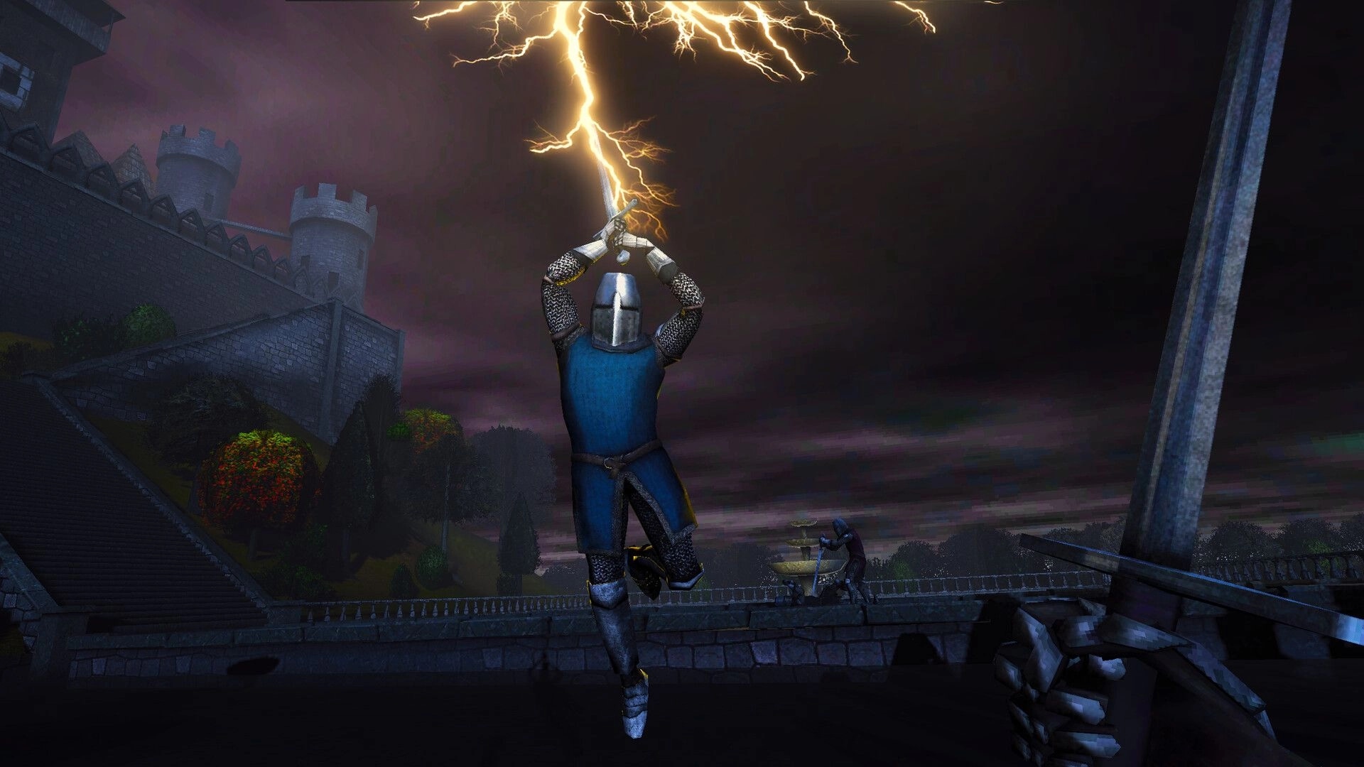 KNIGHTCORE: Armored knight raises sword as lightning strikes, on castle bridge under stormy sky.