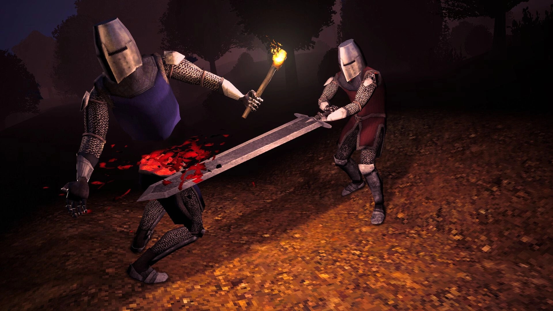 KNIGHTCORE: Armored knight swings a huge sword at a torchbearer in a dark forest clearing at night.