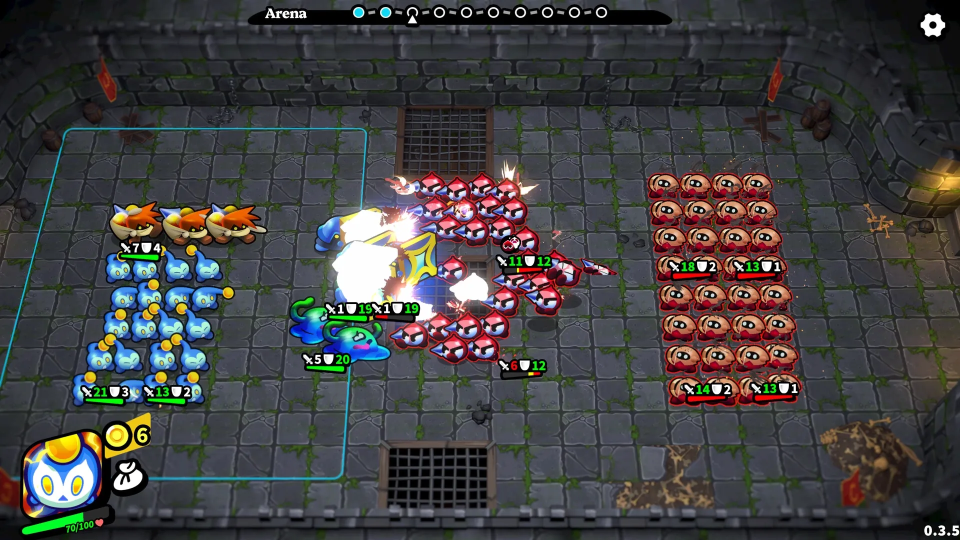 Knightica: Battle scene with blue and red units clashing in a dungeon arena setting.