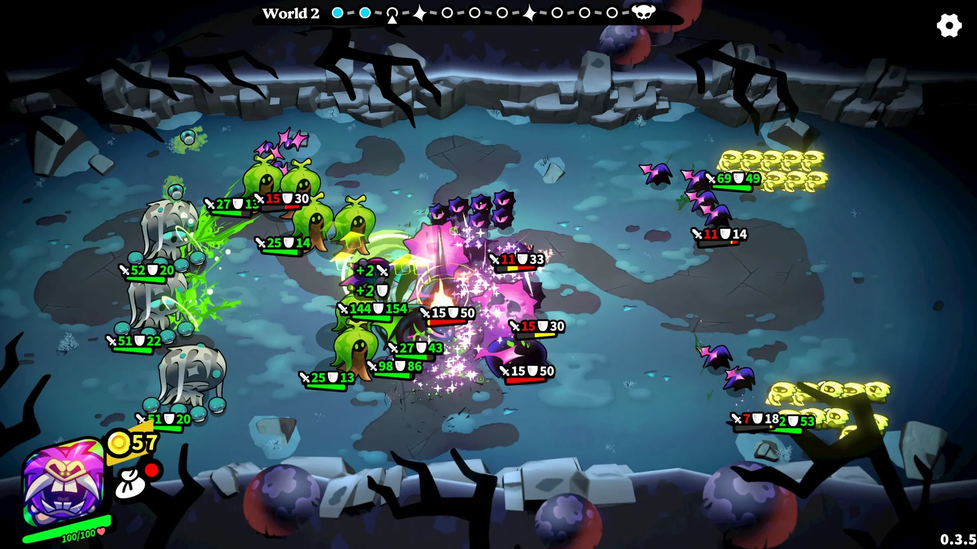 Knightica: Strategic combat with colorful units and enemies in a dark, mystical battlefield environment