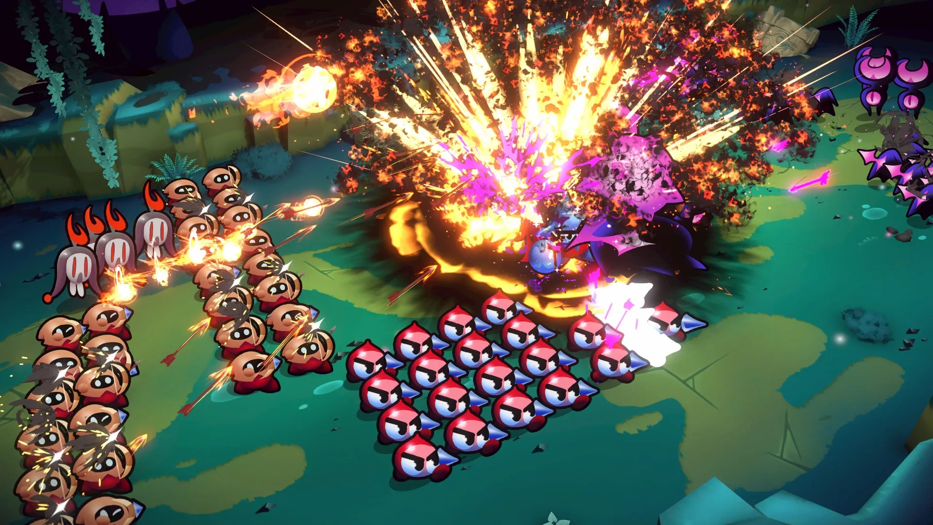 Knightica: Units engage in explosive battle with fiery blasts and arrows in a vibrant forest setting