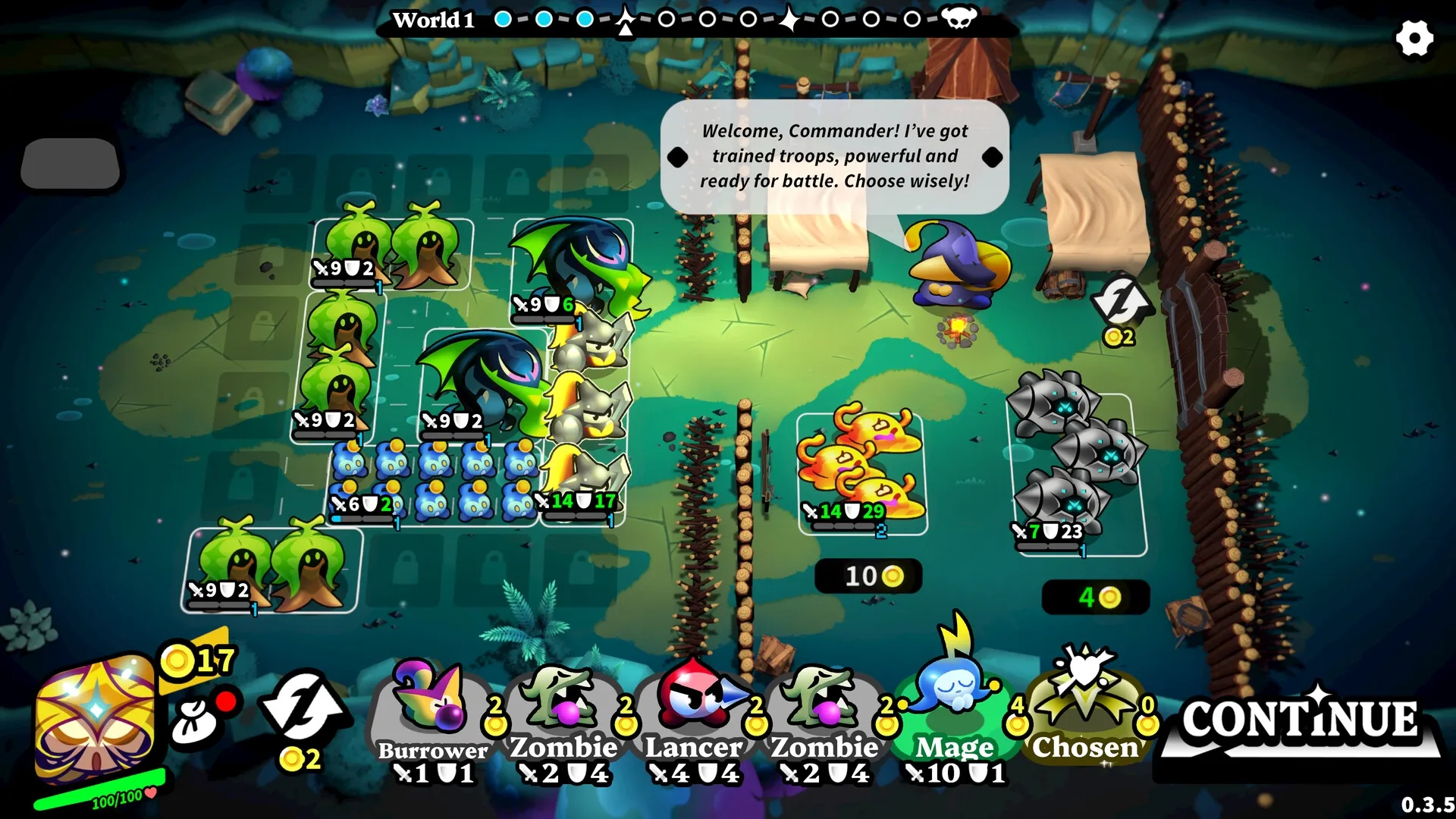 Knightica: Commander dialog with unit placement grid in forest camp setting