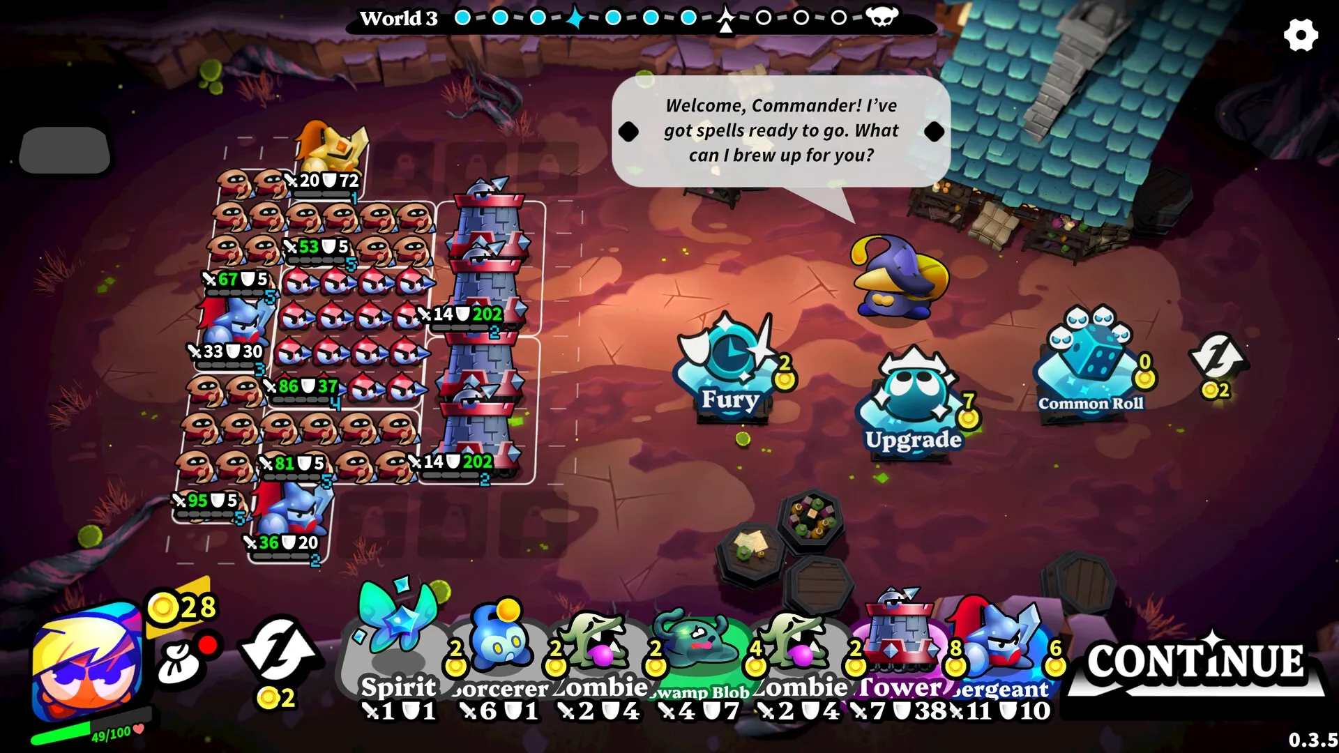 Knightica: Strategic unit placement and upgrade options in a whimsical, magical village setting