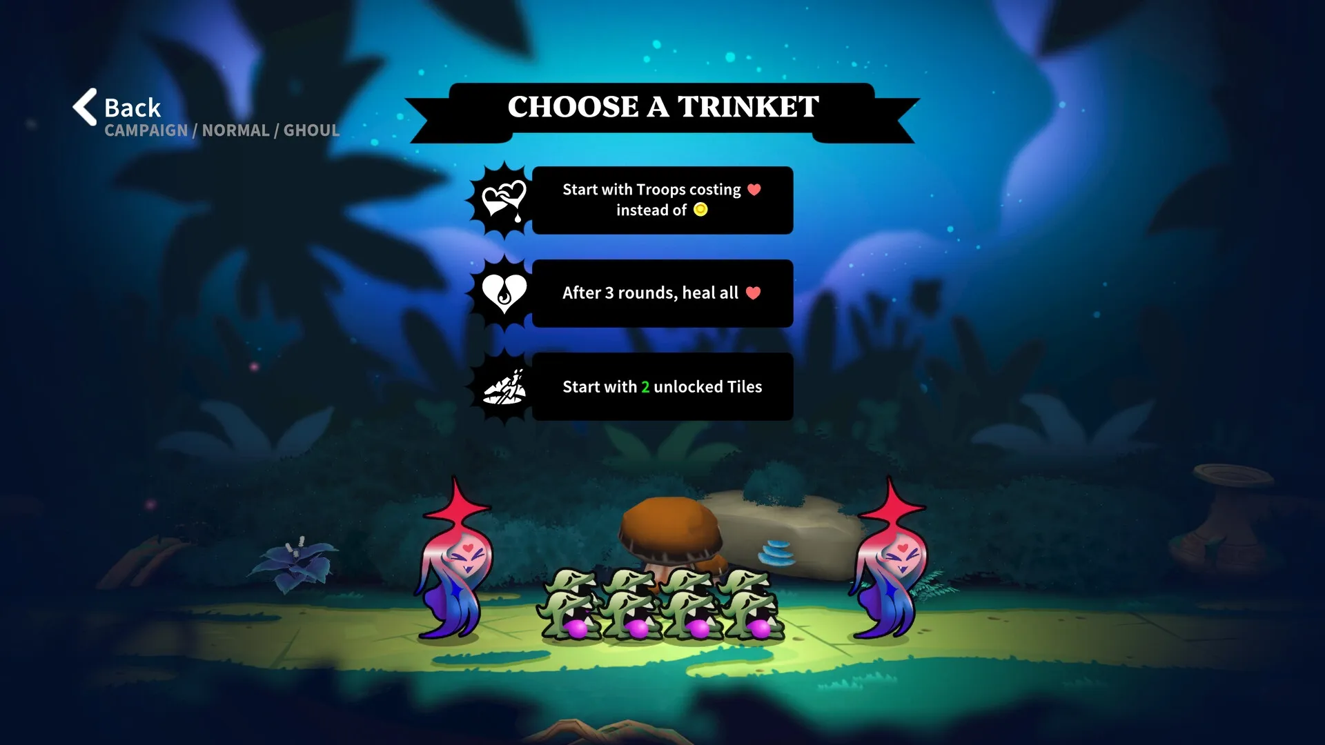 Knightica: Choose a trinket screen with three options in a mystical forest setting