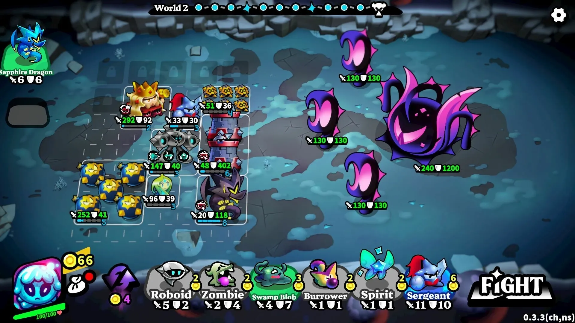 Knightica: Strategic battle setup with Sapphire Dragon and enemies on icy terrain in World 2