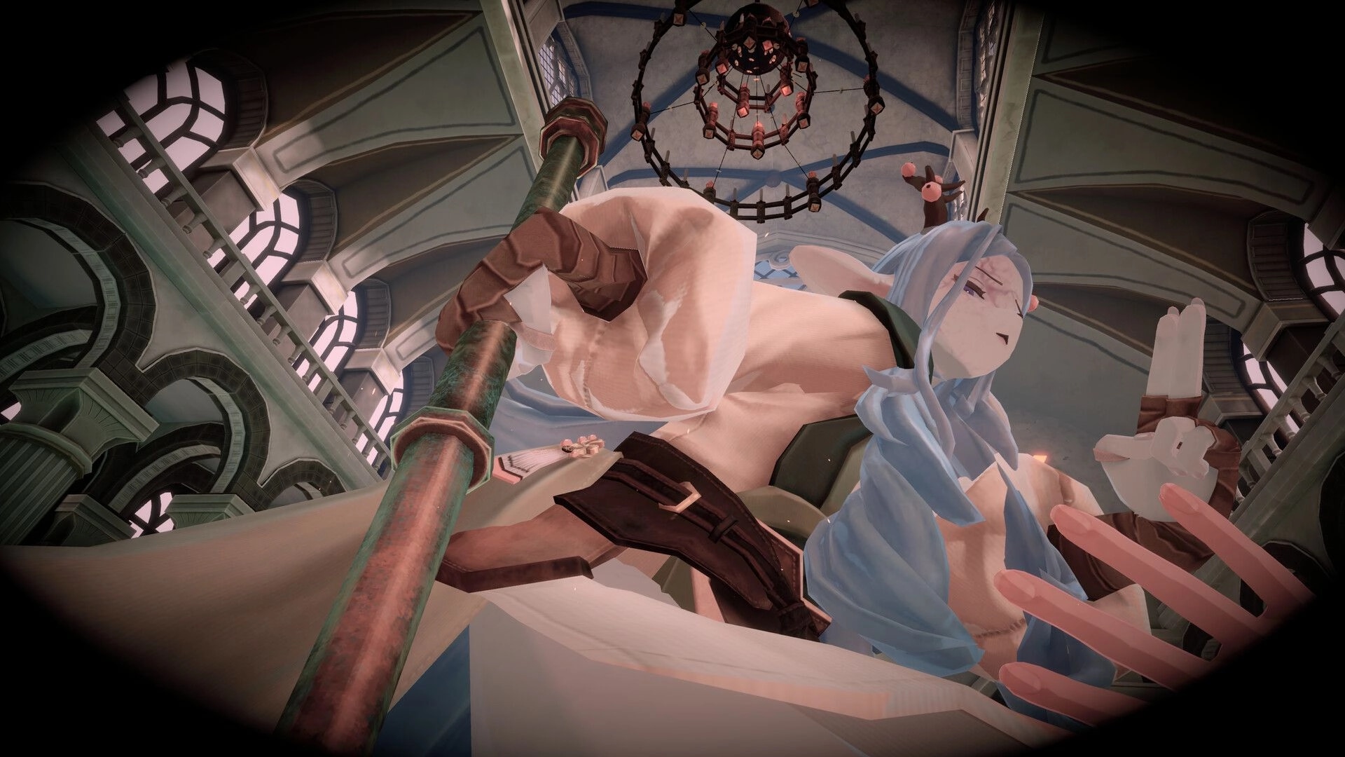 Knights of Fiona: First-person view reaching toward a blue-haired NPC inside a vaulted hall chandelier.