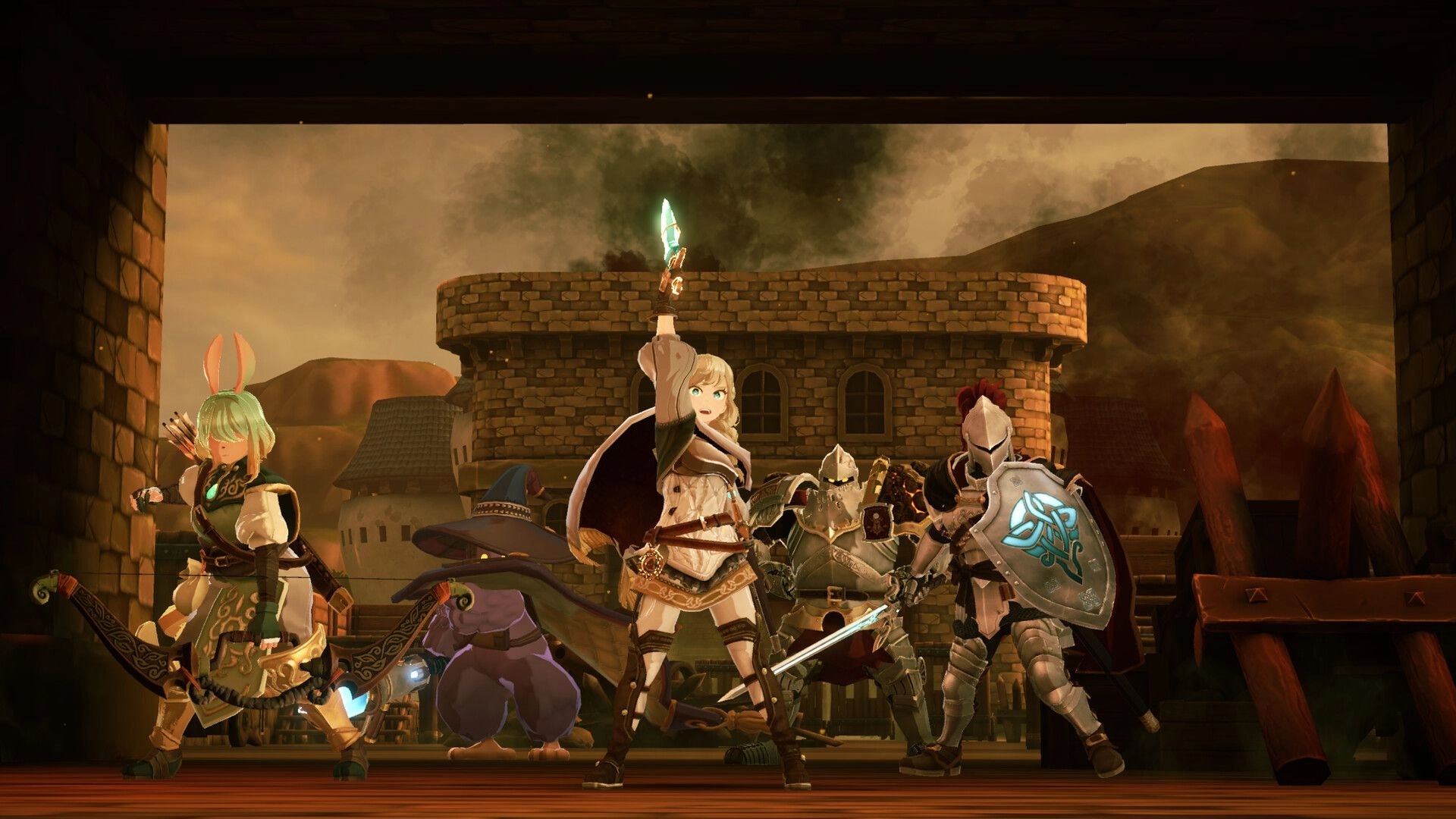 Knights of Fiona: Party of heroes posing with swords and shields before a stone fortress at dusk.
