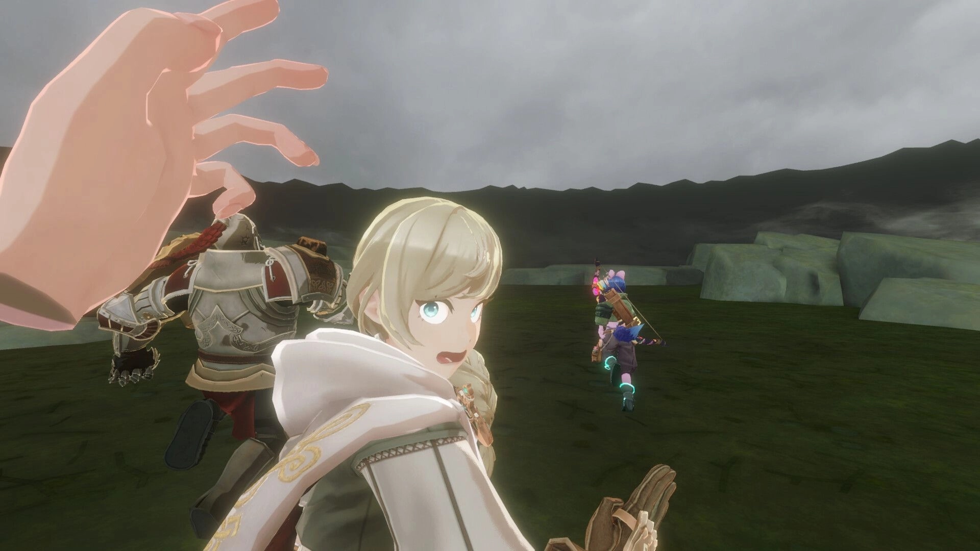 Knights of Fiona: VR party running across a rocky plain, player hand raised under cloudy skies.