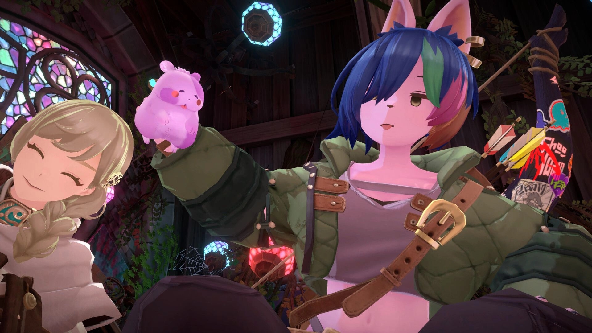 Knights of Fiona: Two anime adventurers pose with a pink hamster in a cozy stained-glass cabin.