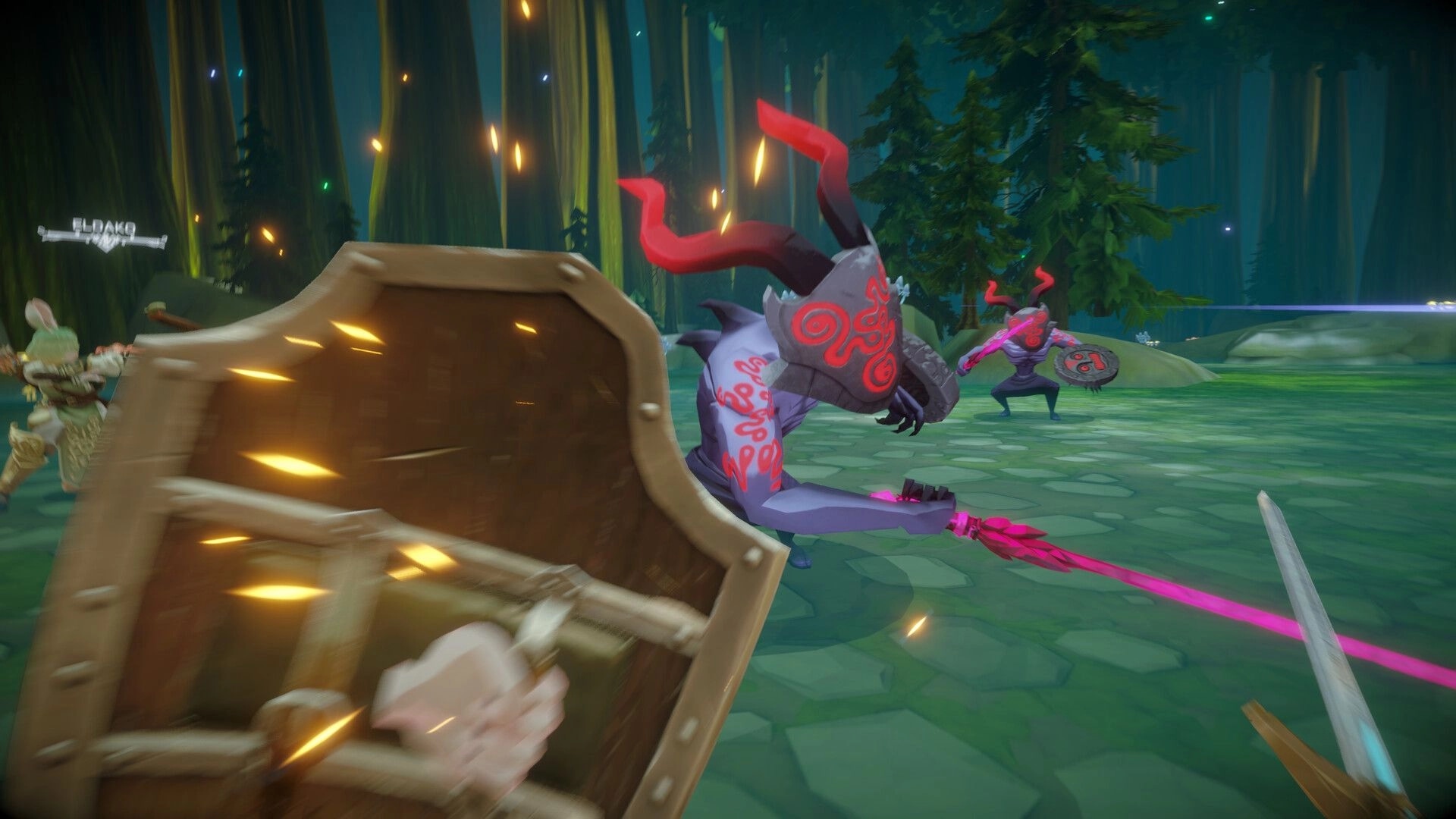 Knights of Fiona: First-person shield block vs horned foes with magenta weapons in forest arena.
