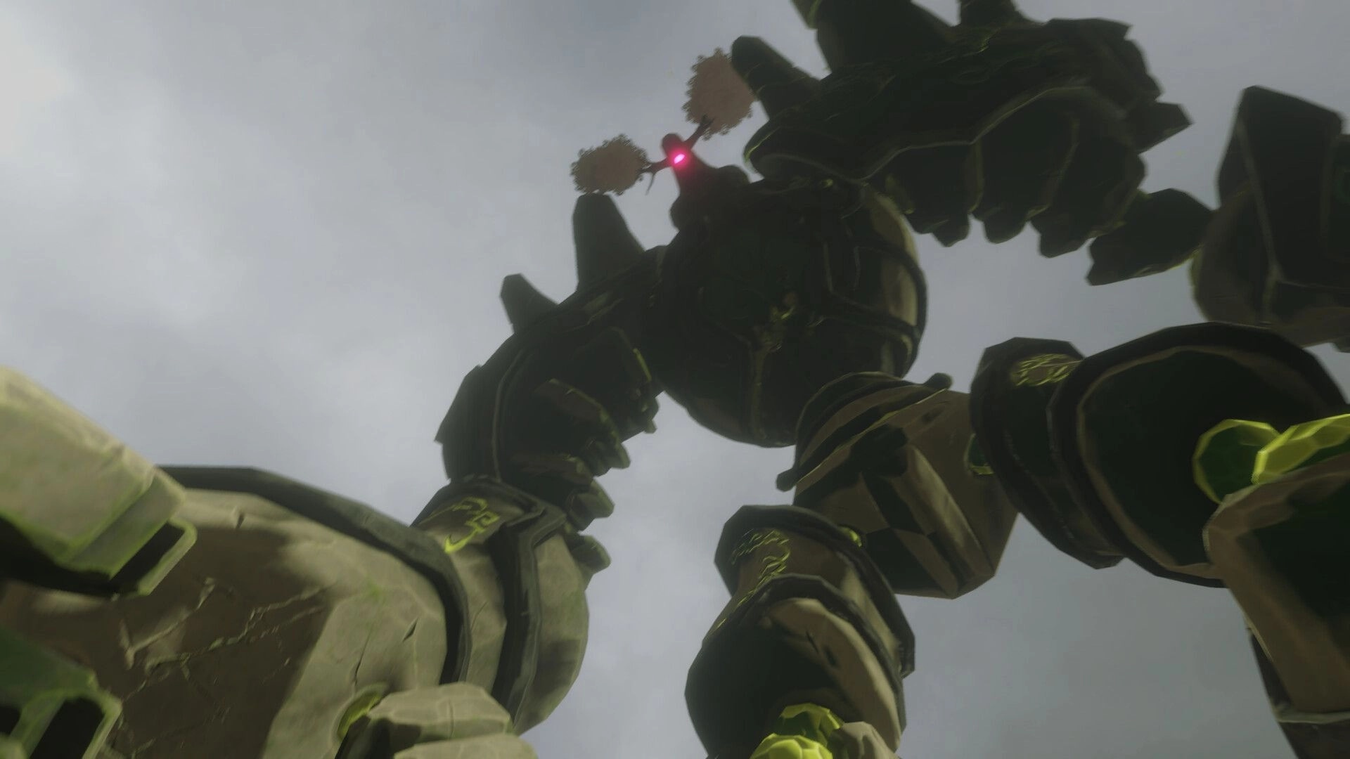 Knights of Fiona: Giant stone golem with glowing red eye towering overhead under cloudy sky.