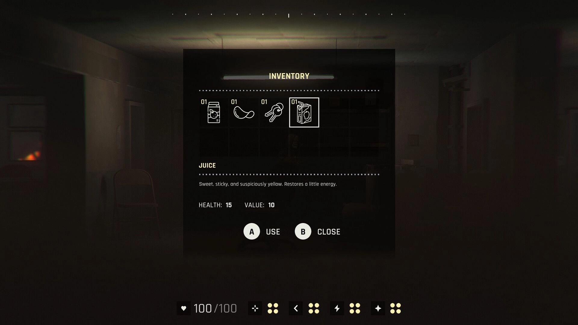 KNIGHTS OF THE FALL: Inventory menu highlighting Juice item with health and value stats in dim room.