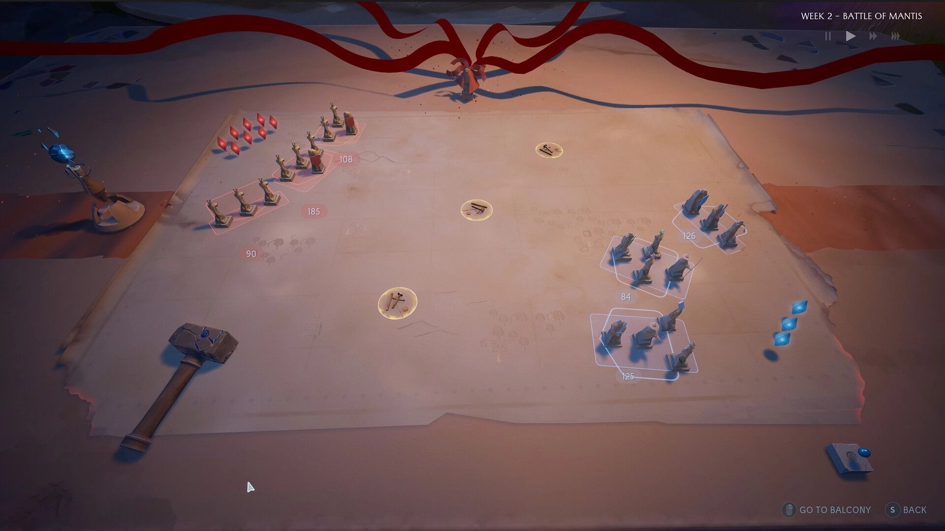 Knightstones: Troop miniatures arranged on a war table map with power numbers in Week 2 battle view.