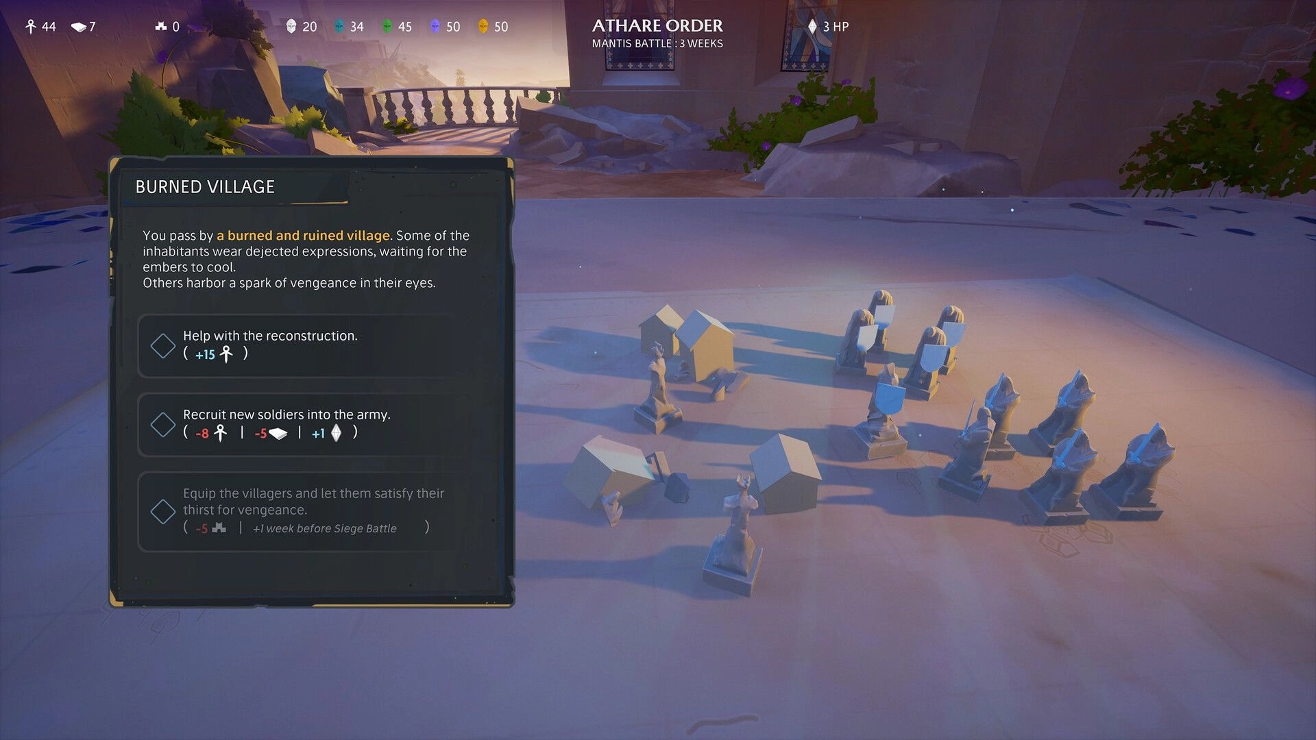 Knightstones: Burned Village choice menu beside troop miniatures laid out on a stone war table courtyard.