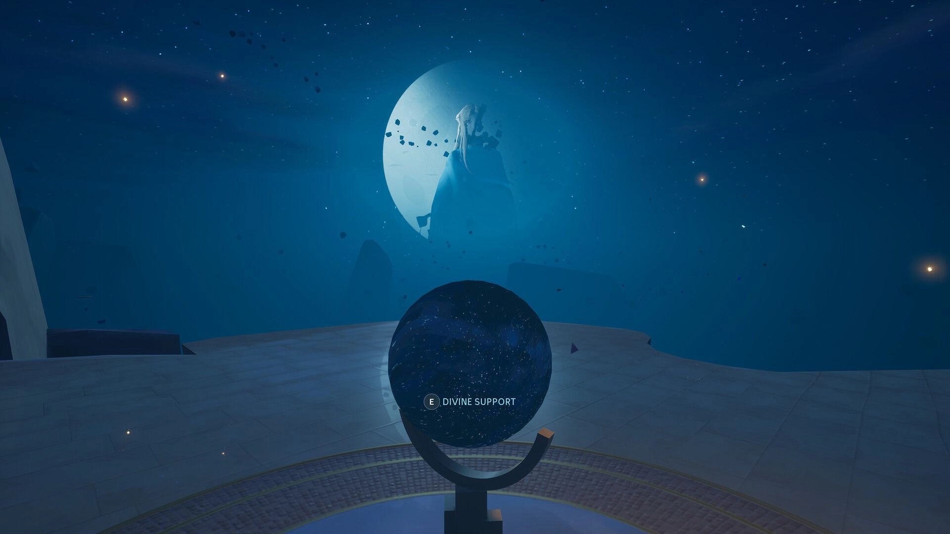Knightstones: Interact prompt for Divine Support on a starry orb pedestal in a blue cosmic chamber.