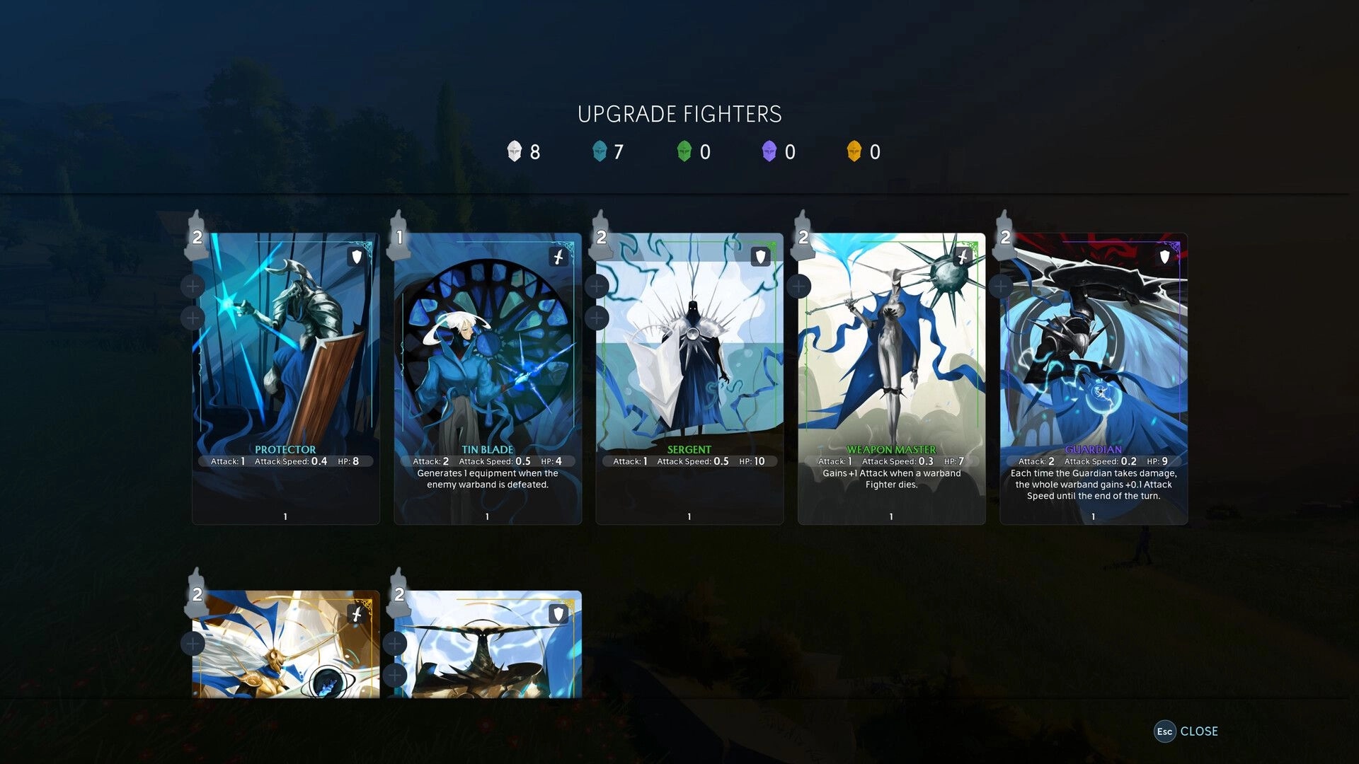 Knightstones: Upgrade Fighters menu with unit cards like Protector and Guardian over a blurred map backdrop.