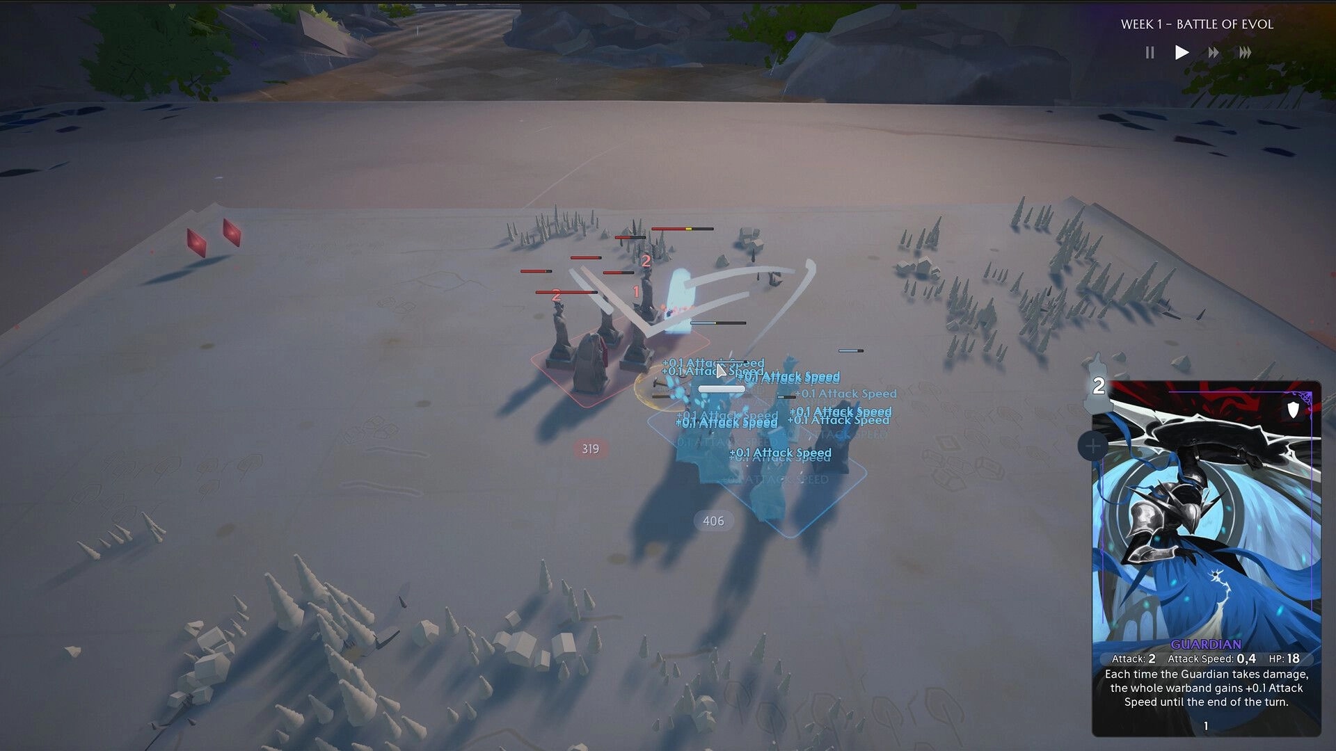 Knightstones: War table battle with units trading hits and Guardian card tooltip on snowy map board.