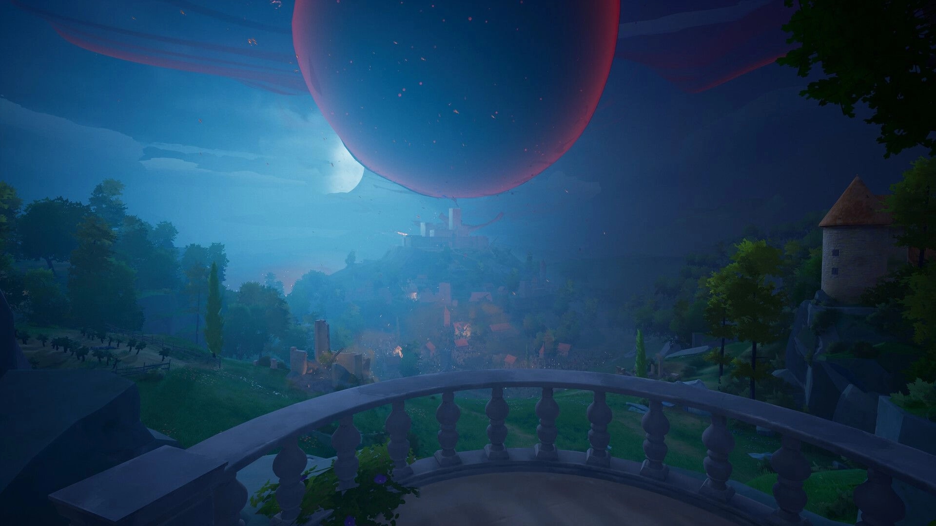 Knightstones: View from stone balcony toward misty valley town under a huge glowing red moon.