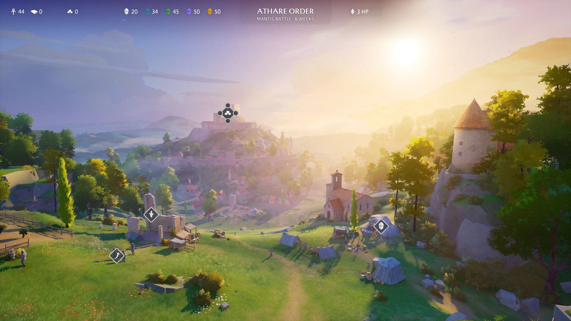 Knightstones: Overworld map view with selectable icons over a sunlit valley town and camp UI HUD.