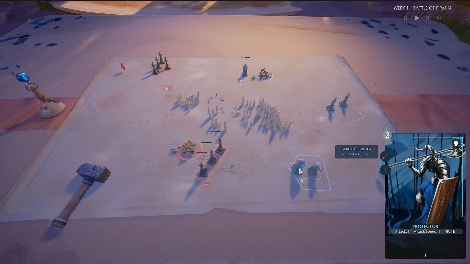 Knightstones: War table battle with mini units and catapults, Protector card and Blade of Ruger tooltip.