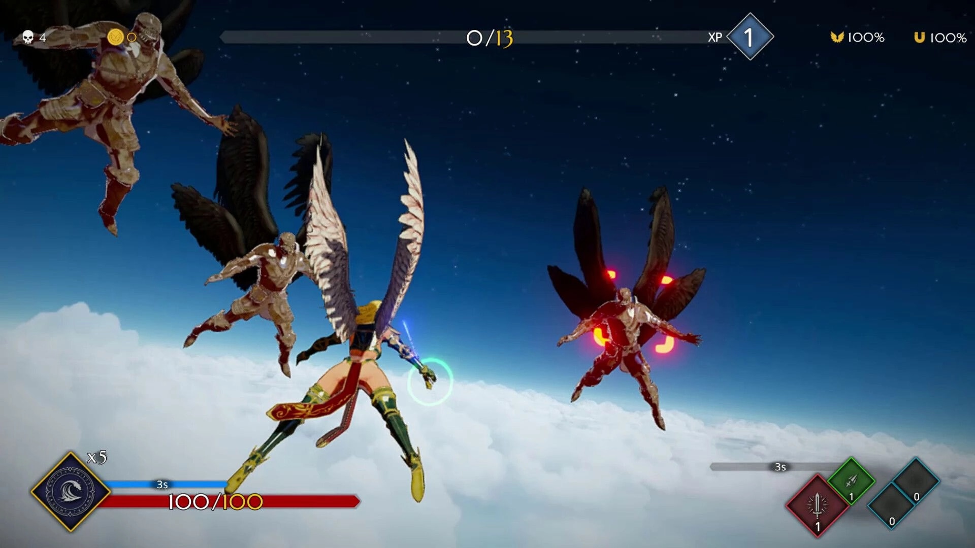 Knitewings™: Aerial combat with angelic sister versus demonic foes above clouds, UI displays health and XP