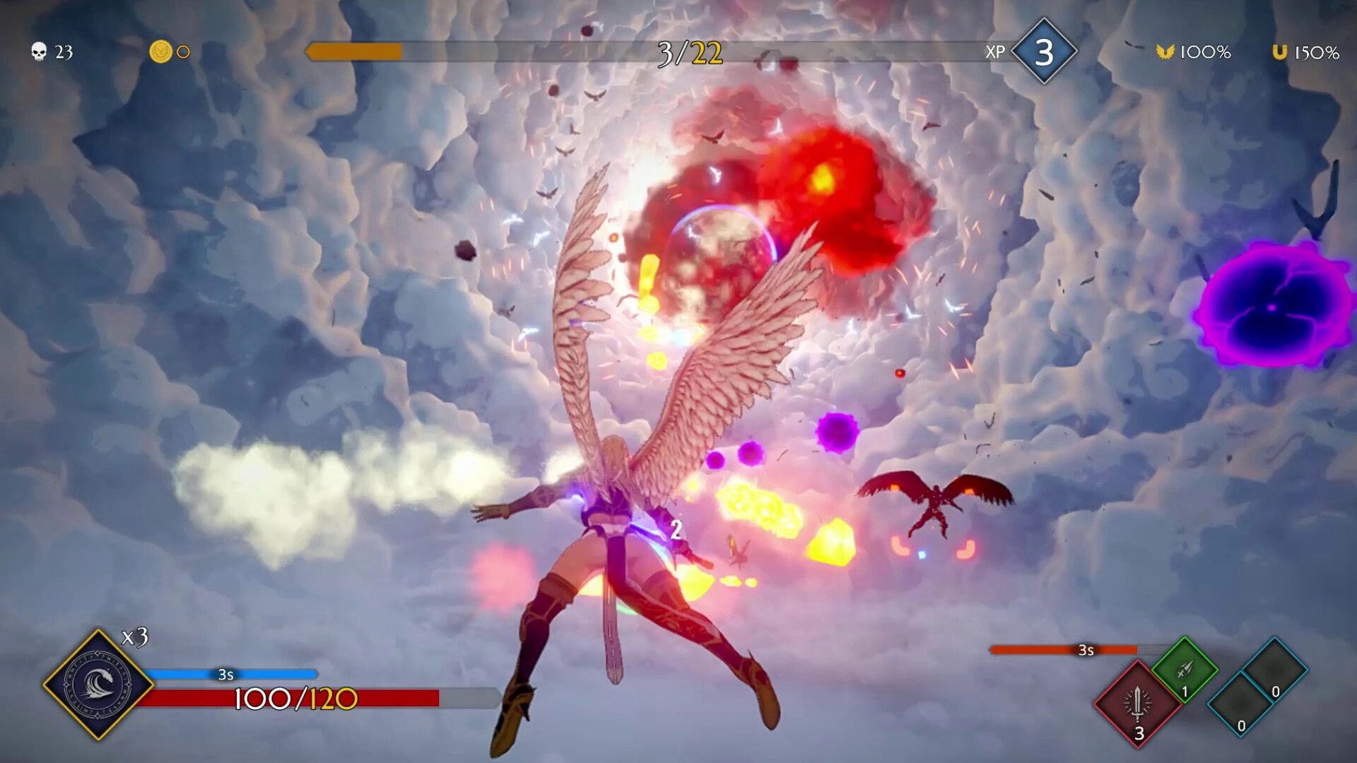 Knitewings™: Angelic character soaring through stormy skies, engaging in combat with fiery explosions