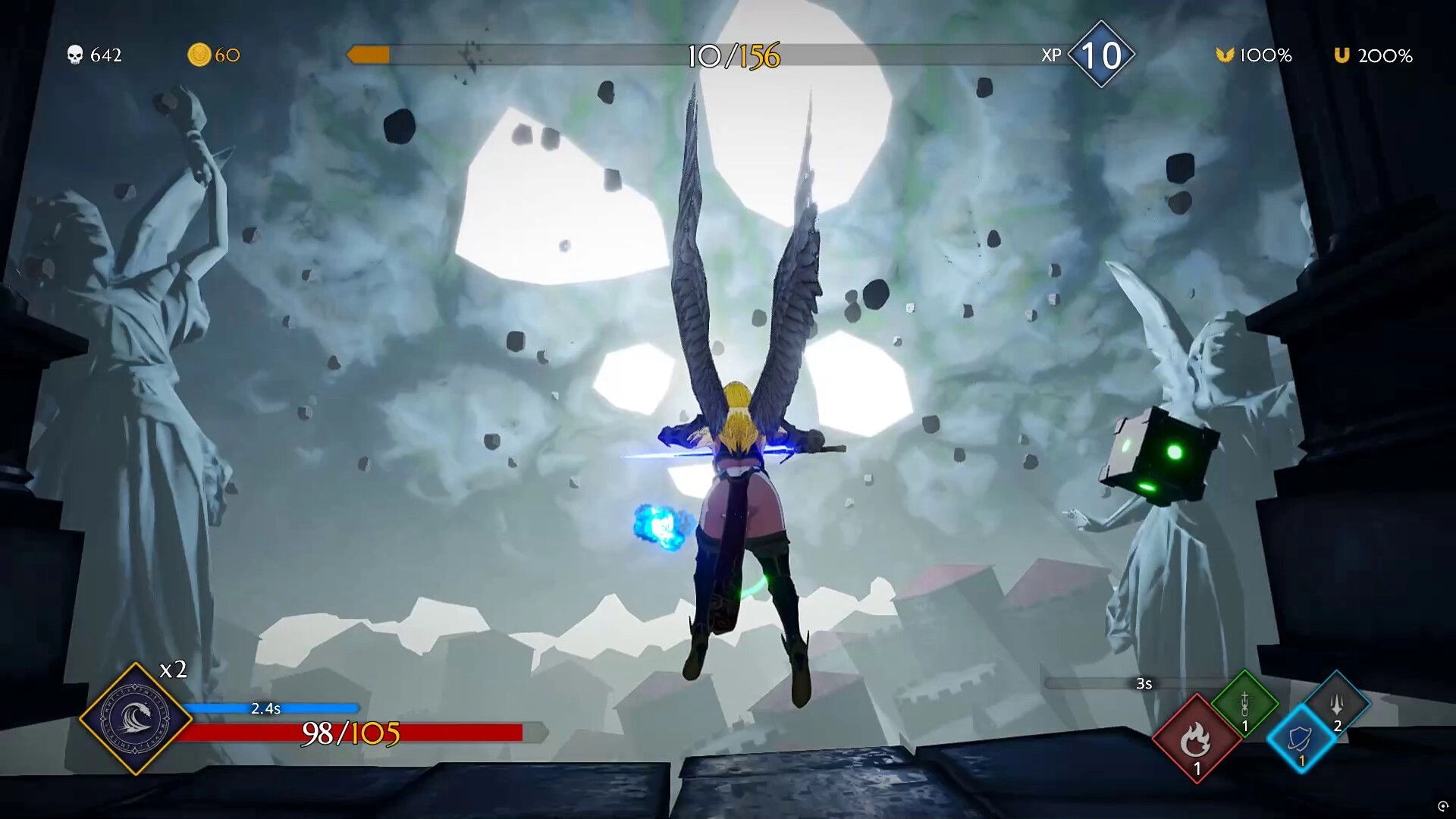 Knitewings™: Angelic sister flying through stormy sky with HUD displaying health and active abilities