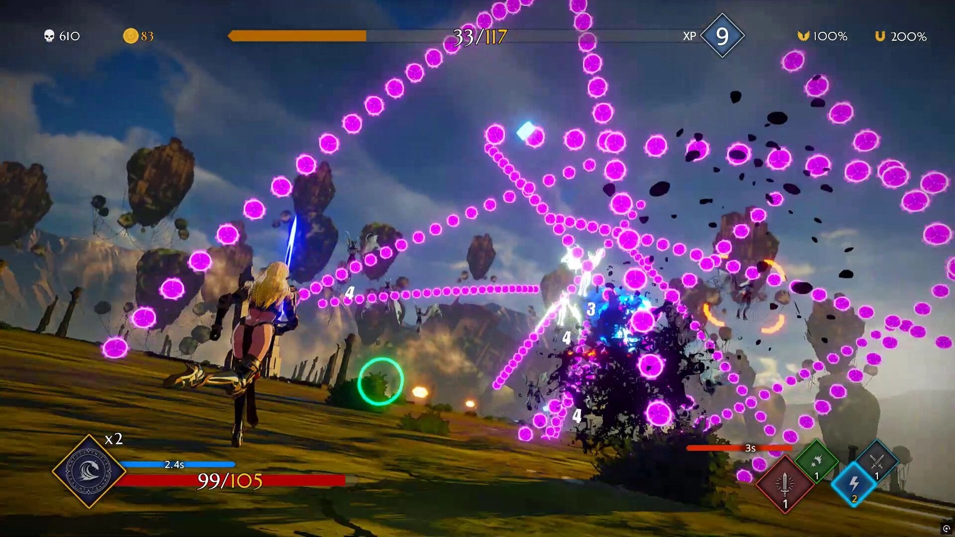 Knitewings™: Angelic sister dodging purple projectiles in floating island landscape with HUD elements.