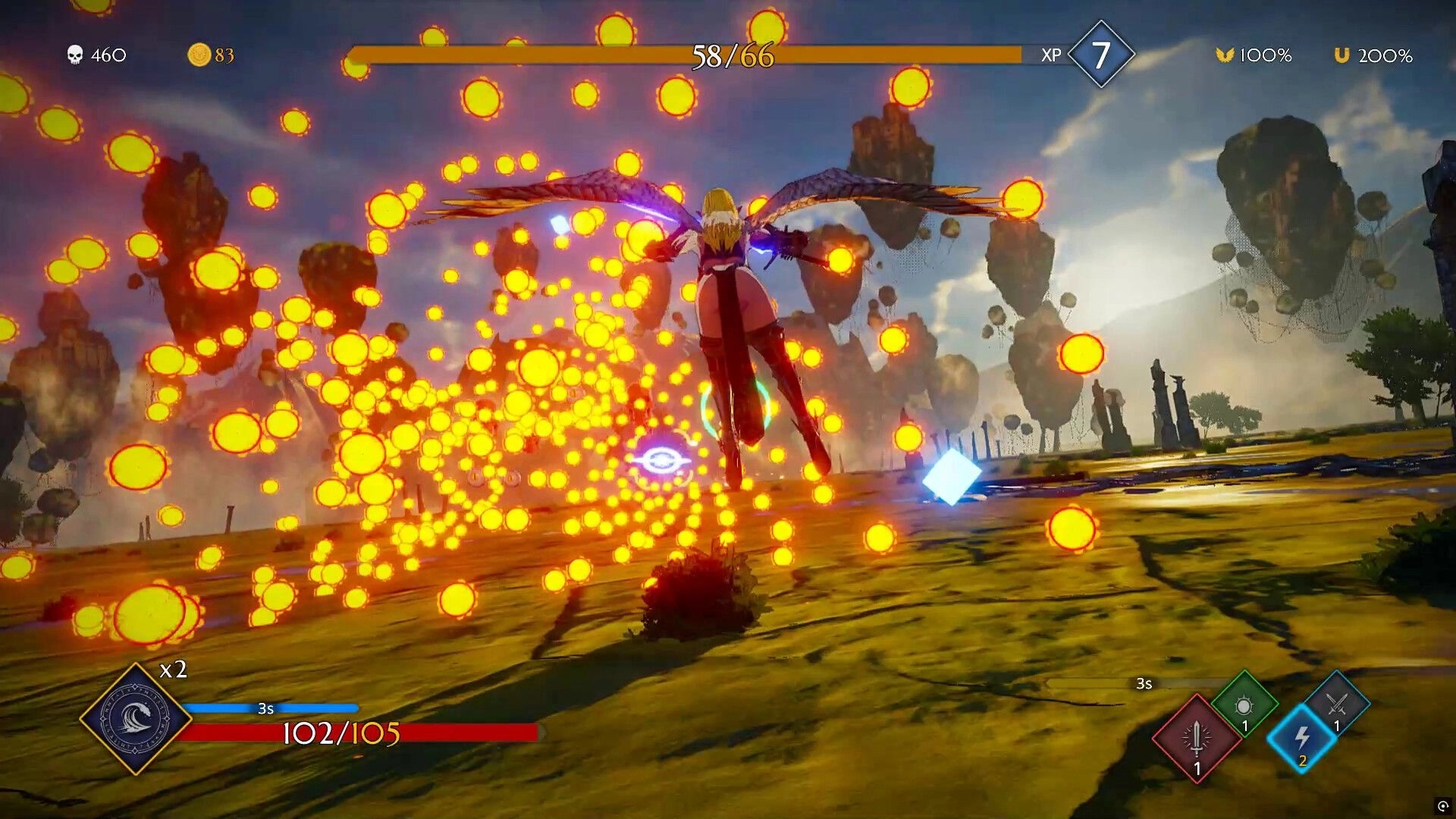 Knitewings™: Angelic sister dodges fiery projectiles in a floating island landscape with UI elements.