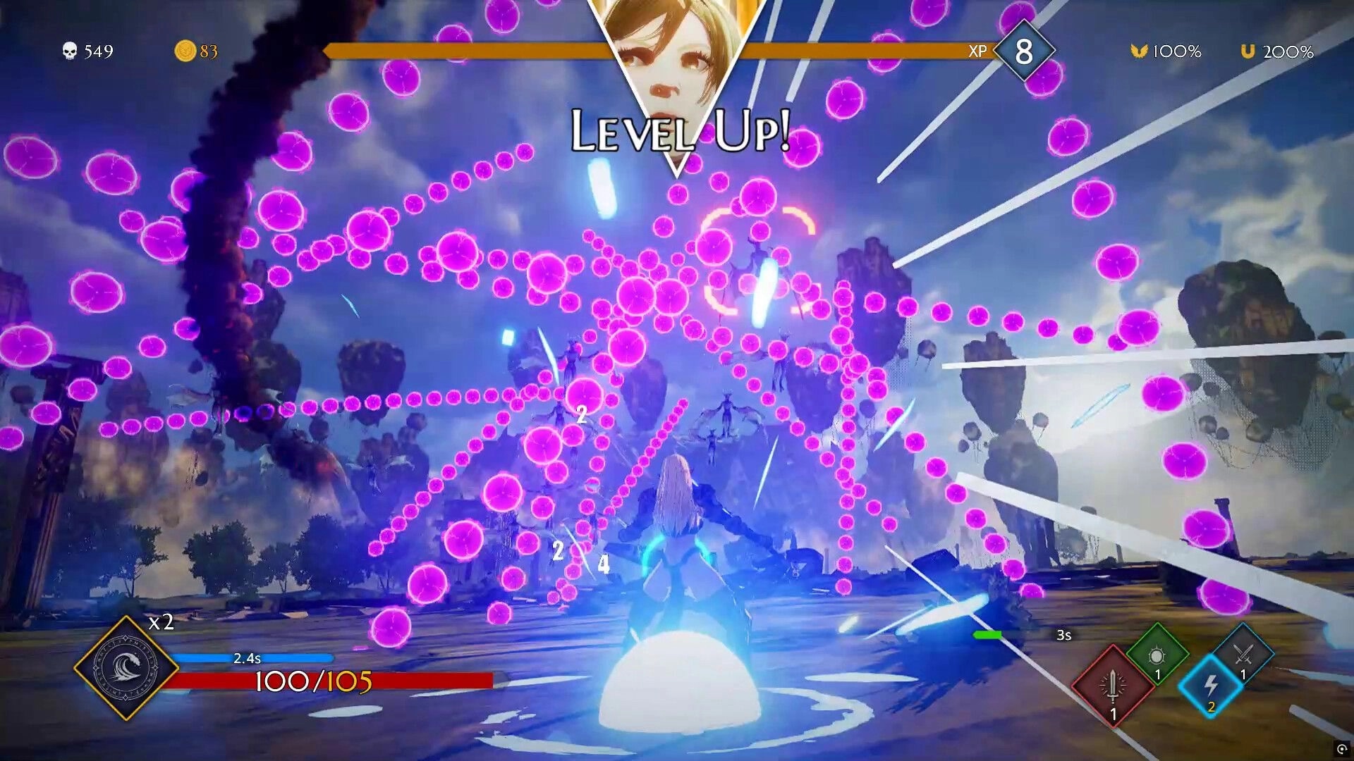 Knitewings™: Player character performs level-up amid vibrant bullet storm in floating island arena.