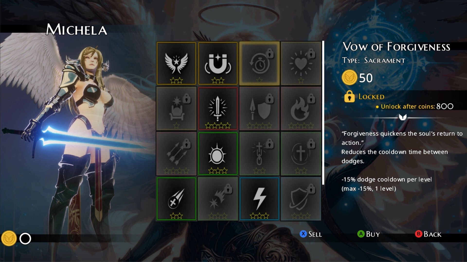 Knitewings™: Michela's skill tree with Vow of Forgiveness upgrade details in character menu screen