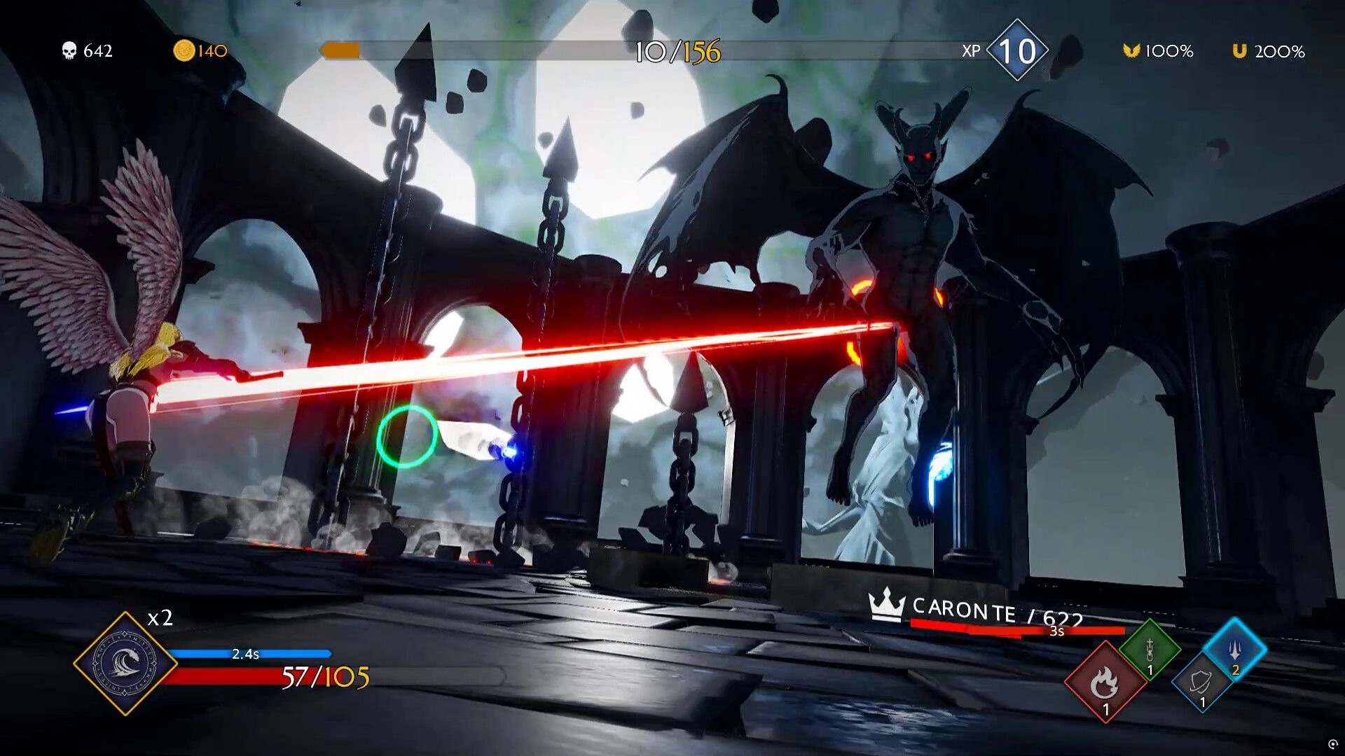 Knitewings™: Angelic sister battling Caronte in a dark, gothic arena with health and skill bars visible.